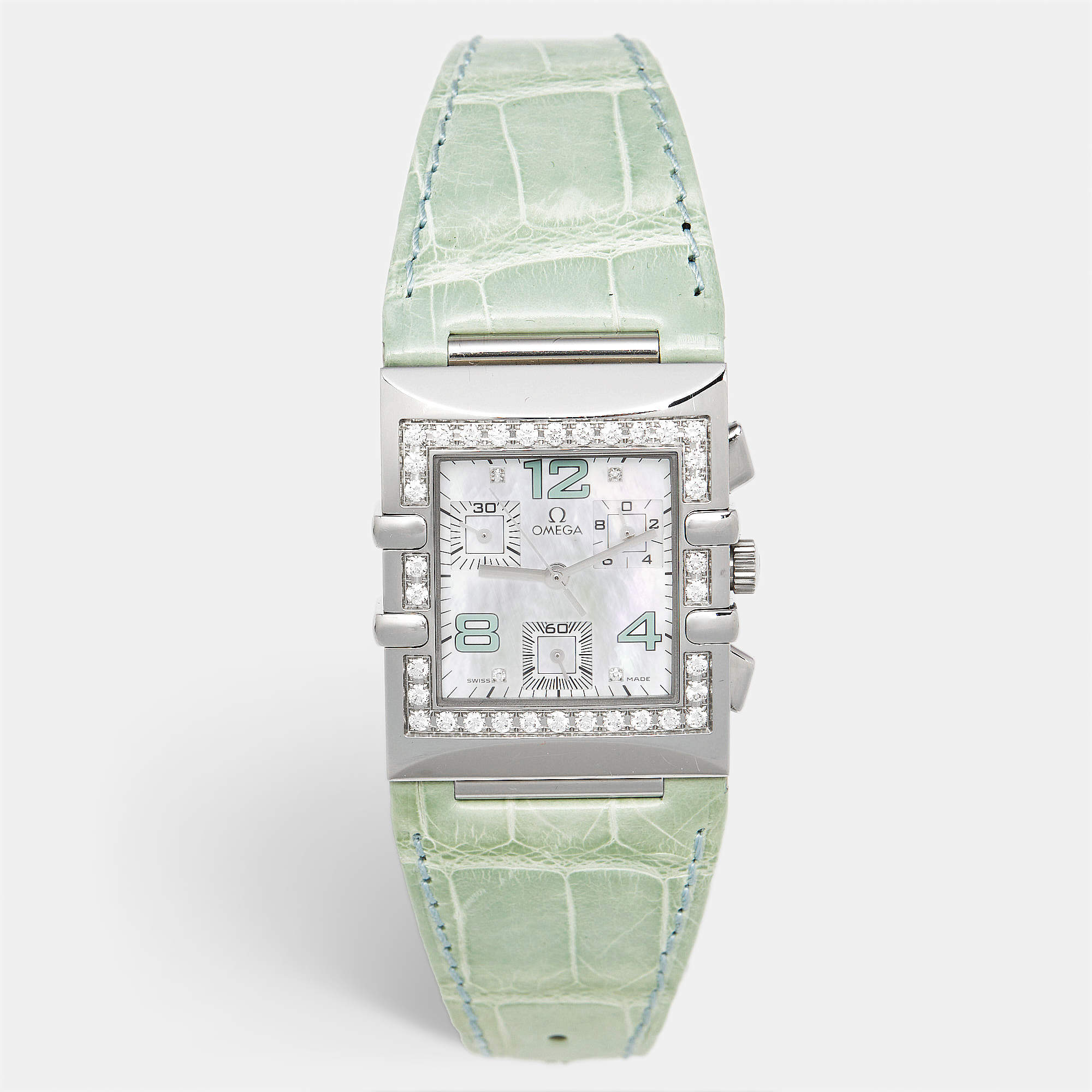 مملوكة مسبقًا ساعه يد نسائية أوميغا Constellation 1847.74.41 صدف ألماس ستانلس ستيل حزام جلد تمساح 28 مم