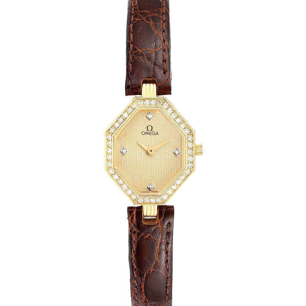 Omega Champagne Diamonds 18K Yellow Gold DeVille Mini Cocktail 1450 Women's Wristwatch 22 x 18 MM