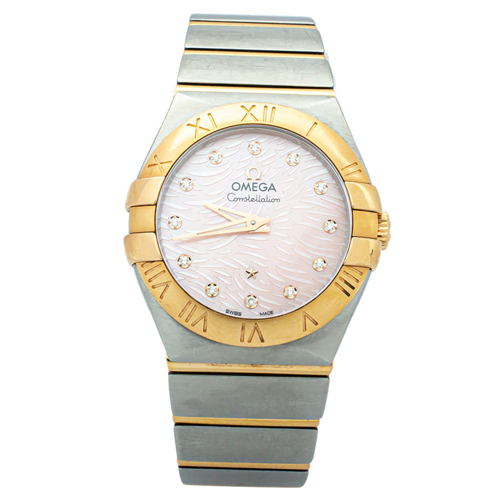 Omega Coral Mother Of Pearl 18K Yellow Gold & Stainless Steel Constellation Women's Wristwatch 27mm 