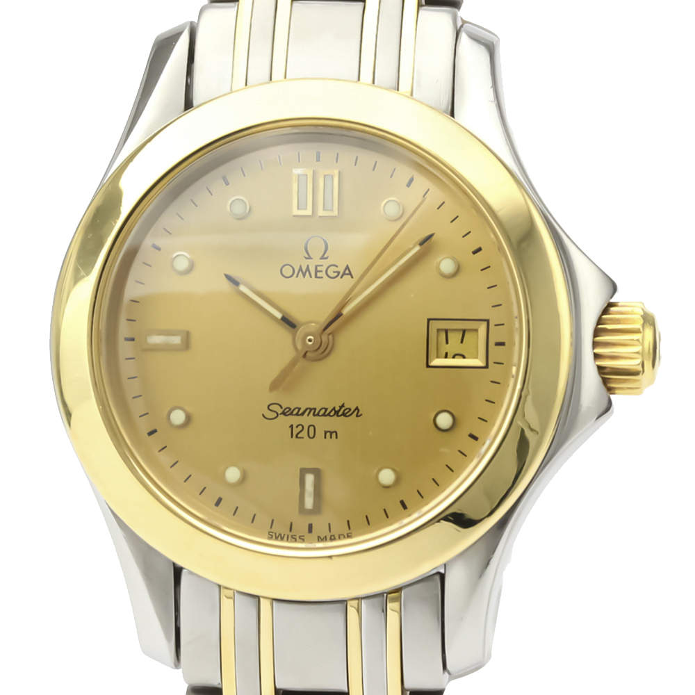 Pre Owned Omega Champagne 18K Yellow Gold And Stainless Steel Seamaster Quartz Women's Wristwatch 26 MM