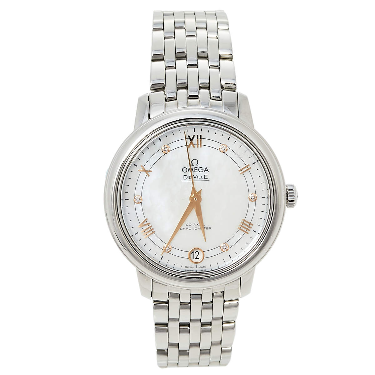 Pre Owned Omega Mother of Pearl Stainless Steel Diamond De Ville Prestige Co-Axial 424.10.33.20.55.002 Women's Wristwatch 32.70 mm
