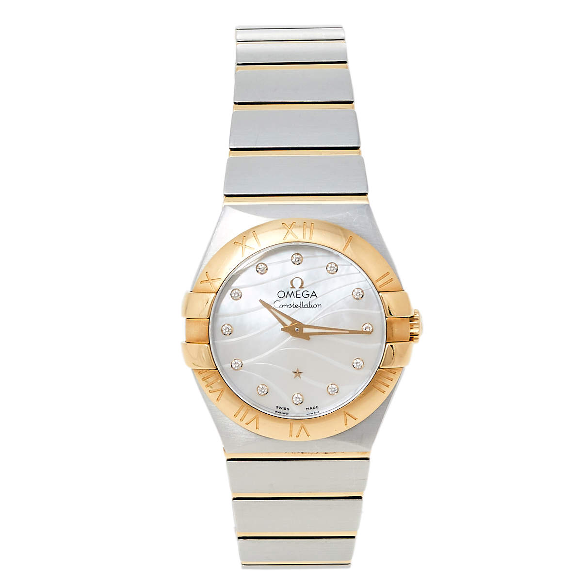 Pre Owned Omega Mother of Pearl 18K Yellow Gold & Stainless Steel Diamond Constellation 123.20.27.60.55.005 Women's Wristwatch 27 mm