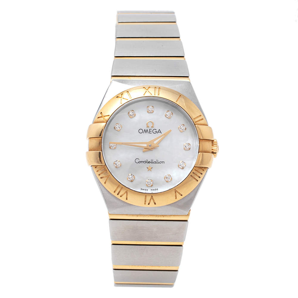Pre Owned Omega Mother of Pearl 18K Yellow Gold & Stainless Steel Diamond Constellation 123.20.27.60.55.002 Women's Wristwatch 27 mm