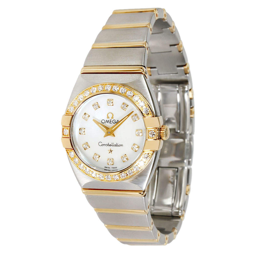 Pre Owned Omega MOP Diamonds 18K Yellow Gold And Stainless Steel Constellation Double Eagle 1389.75.00 Women's Wristwatch 25 MM