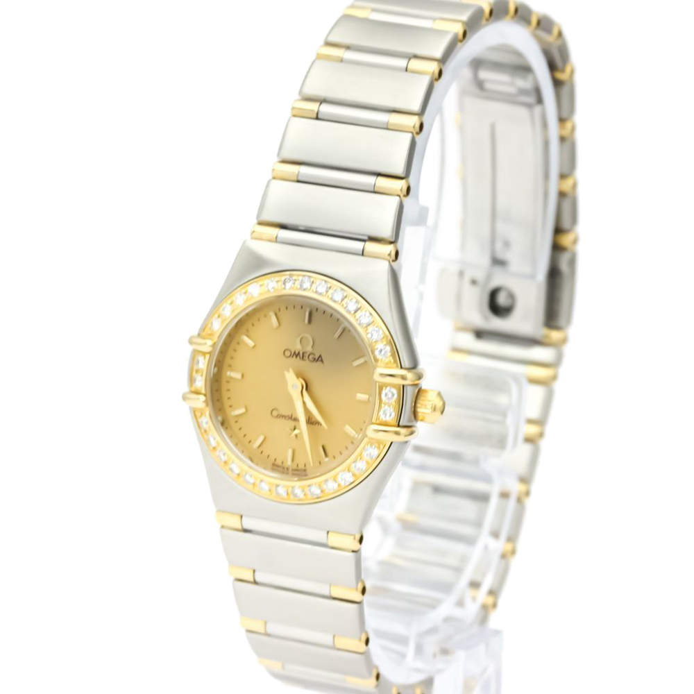 Pre Owned Omega Champagne Diamonds 18k Yellow Gold And Stainless Steel Constellation 1267.10 Women's Wristwatch 22 MM