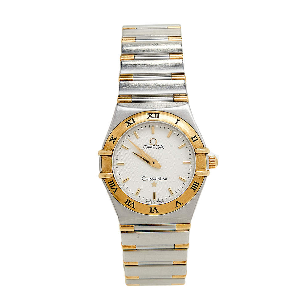 Pre Owned Omega White 18k Yellow Gold Stainless Steel Constellation 795.12.02 Women's Wristwatch 25 mm
