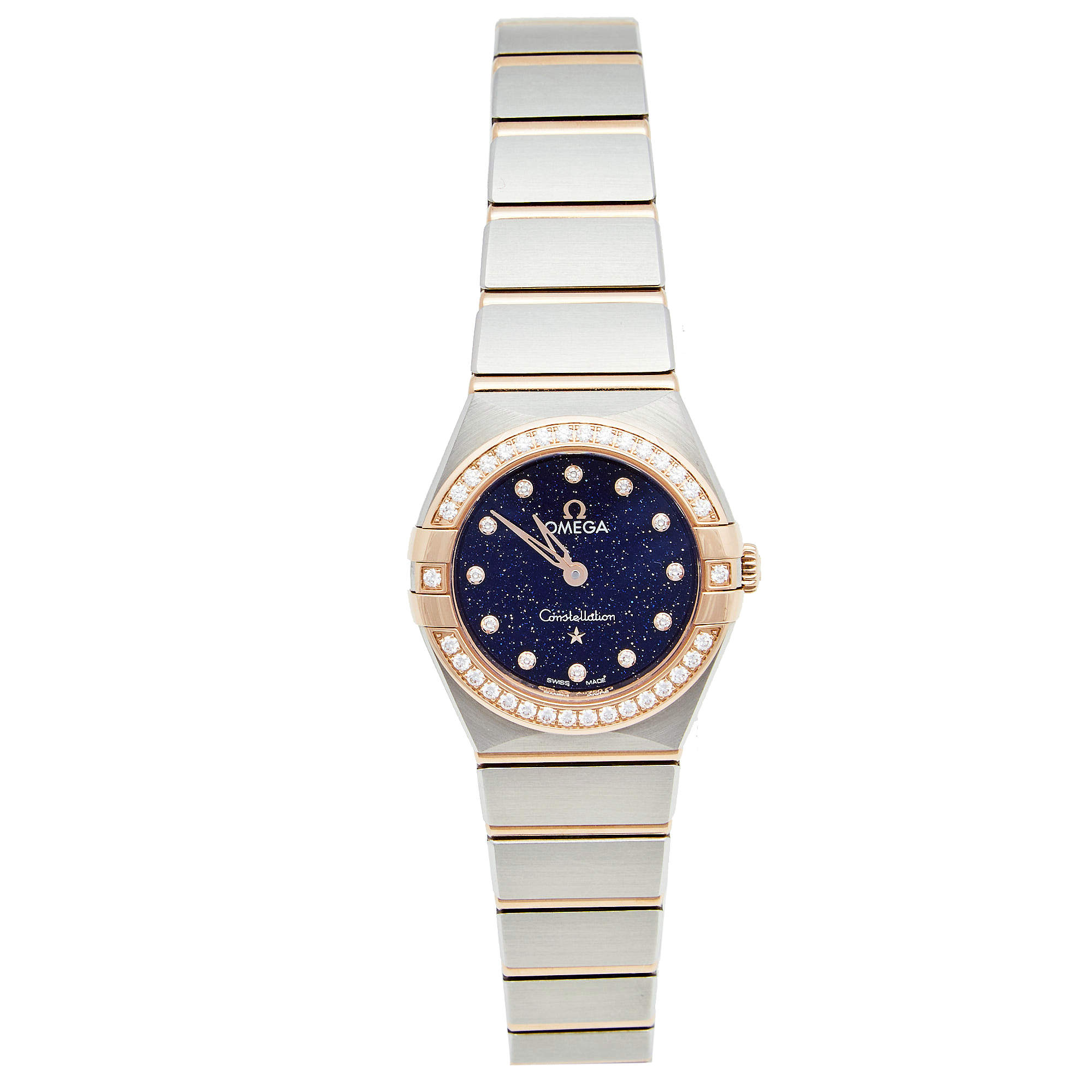 Pre Owned Omega Blue 18k Rose Gold Stainless Steel Diamond Constellation 13125256053002 Women's Wristwatch 25 mm