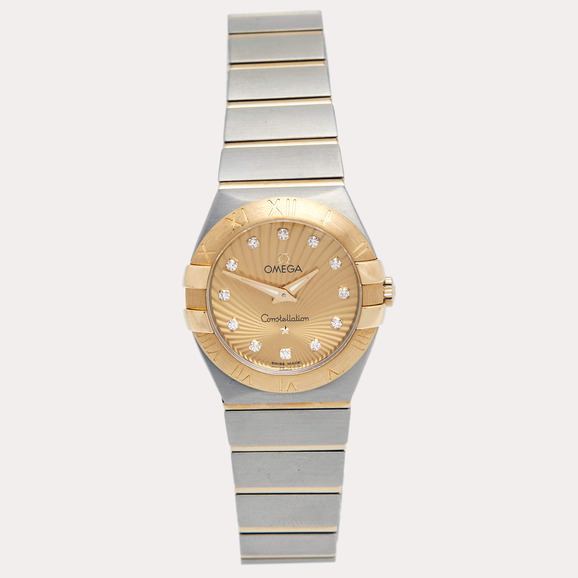 Pre Owned Omega Champagne Diamond 18k Yellow Gold Stainless Steel Constellation 123.20.27.60.58.001 Women's Wristwatch 27 mm 