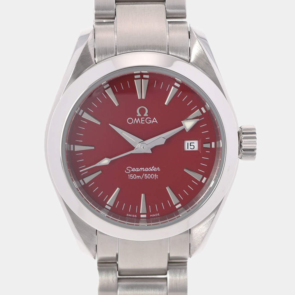 Pre Owned Omega Red Stainless Steel Seamaster Aqua Terra 2577.60 Quartz Women's Wristwatch 28 mm
