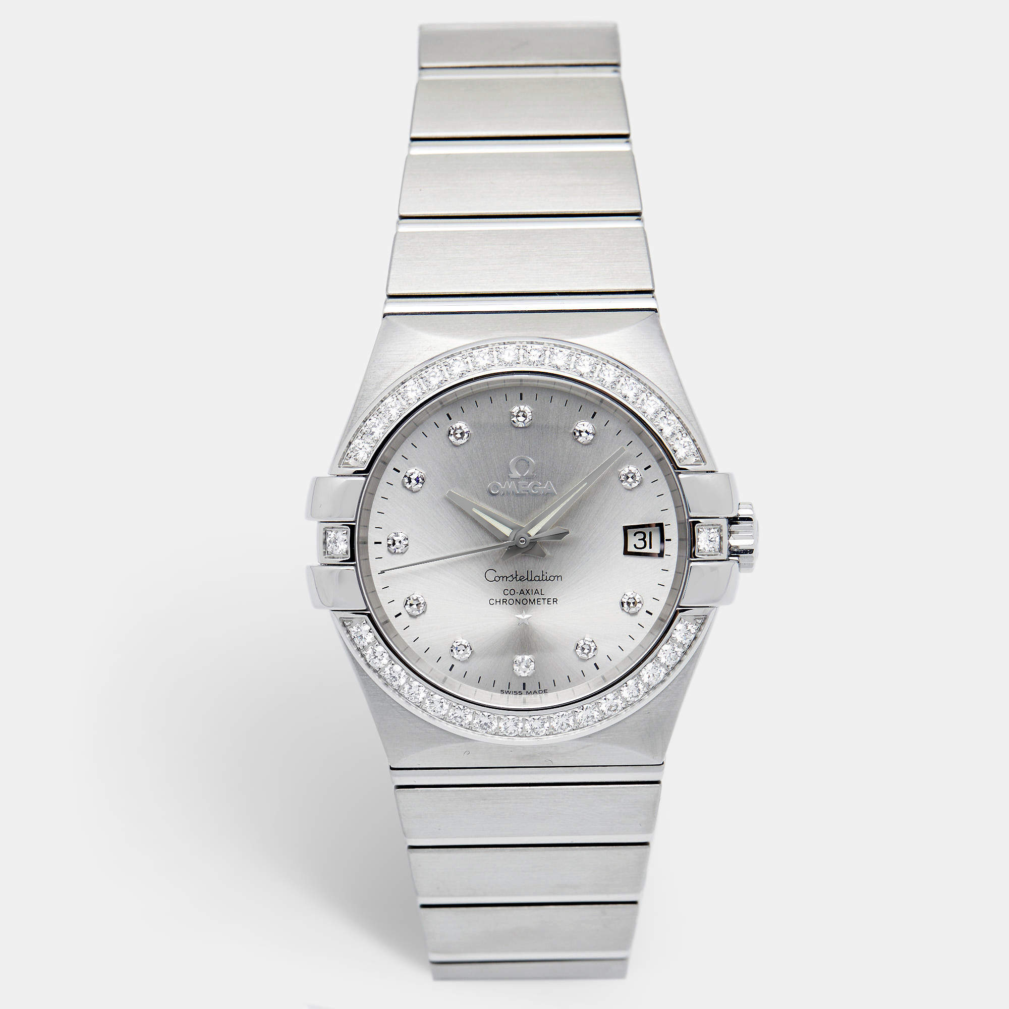 Pre Owned Omega Silver Stainless Steel Diamond Constellation 123.15.35.20.52.001 Women's Wristwatch 35 mm