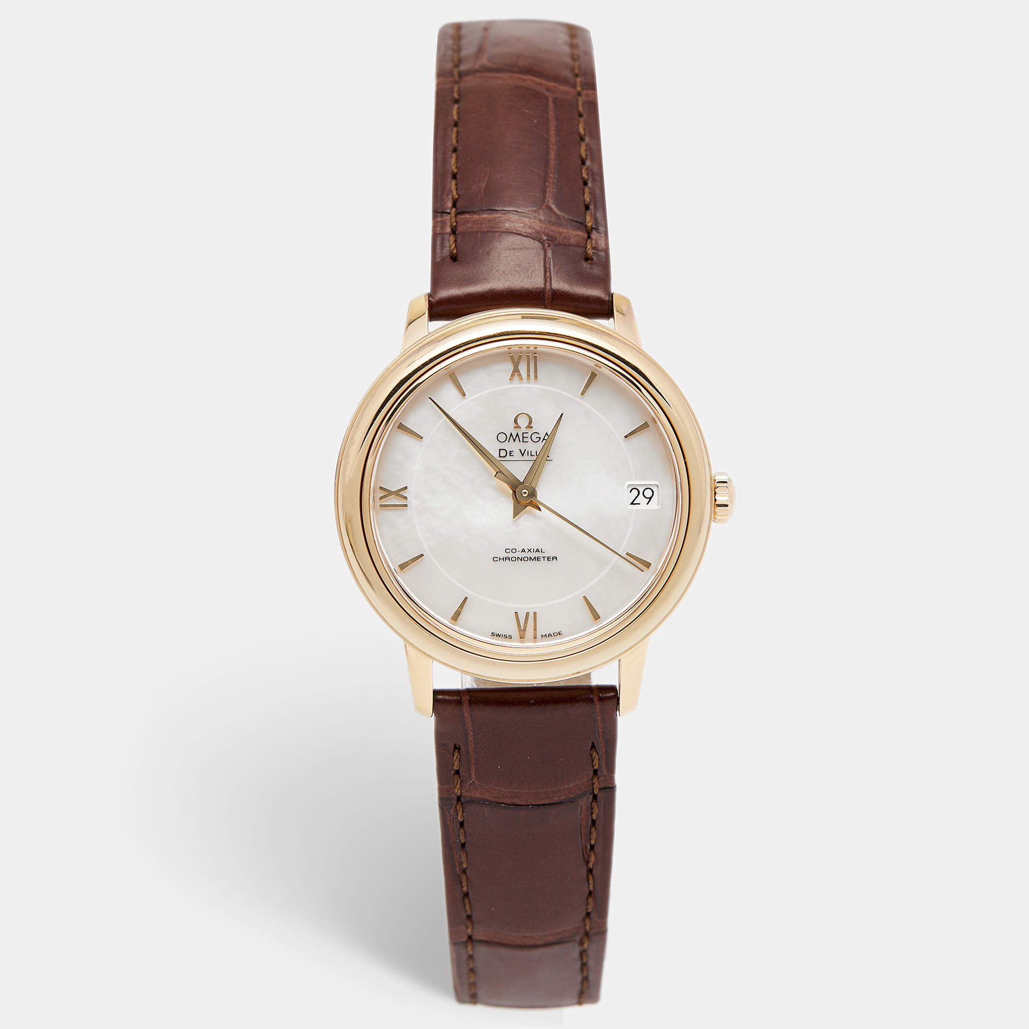 Omega Mother of Pearl 18k Rose Gold Alligator DeVille Prestige 424.53.33.20.05.001 Women's Wristwatch 32.7 mm