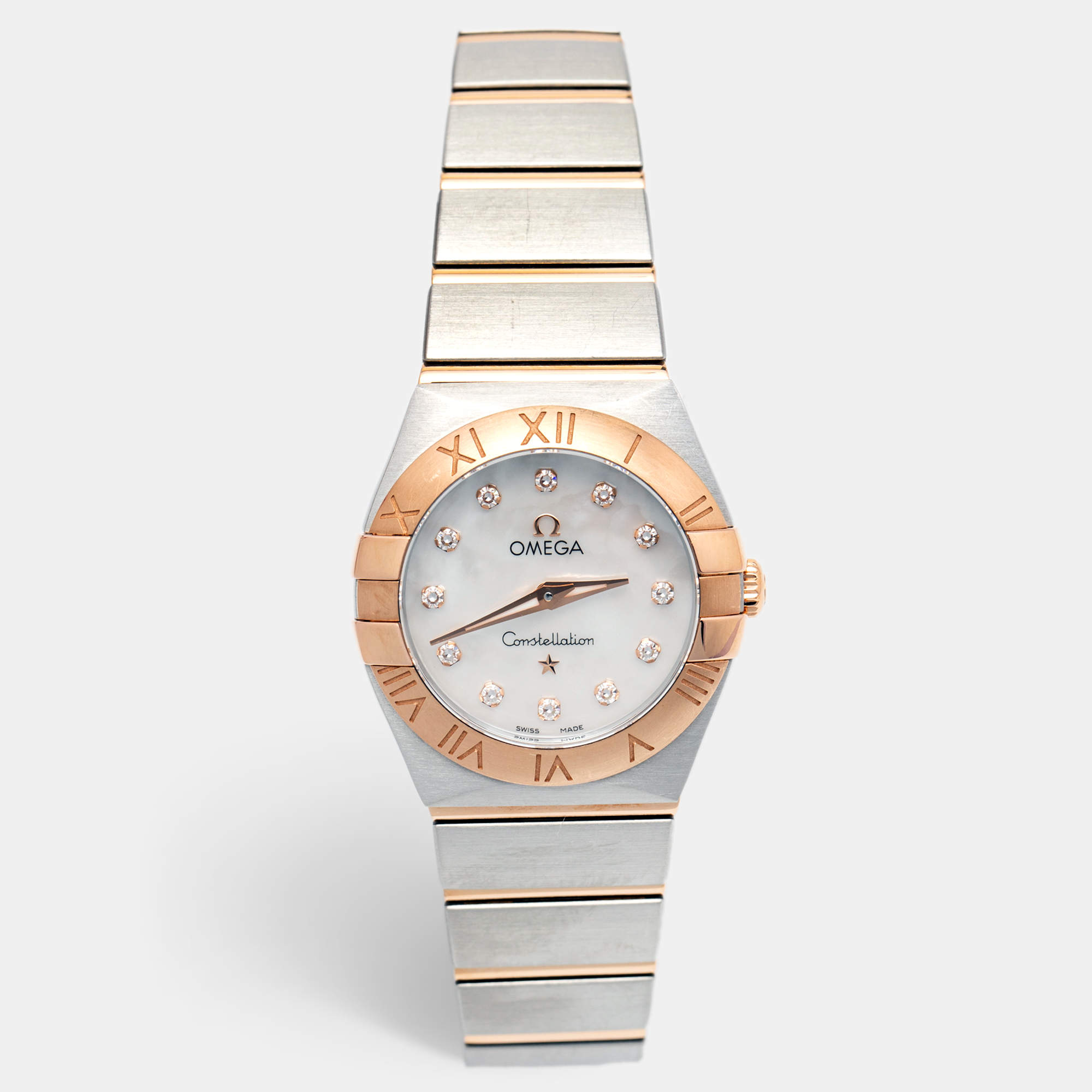 Pre Owned Omega Mother Of Pearl Diamond 18K Rose Gold Stainless Steel Constellation Women's Wristwatch 24 mm