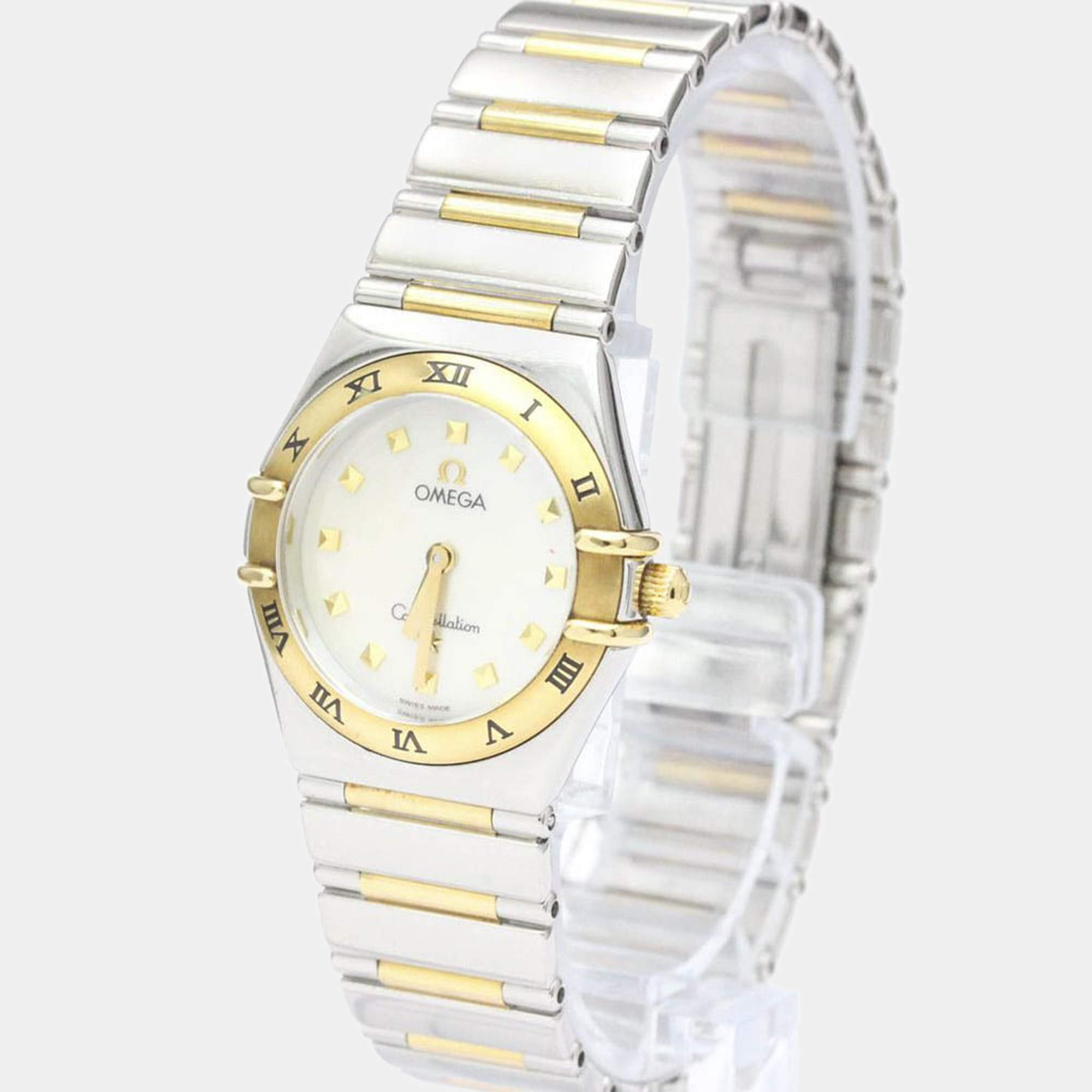 Omega White Shell 18k Yellow Gold And Stainless Steel Constellation 1371.71 Quartz Women's Wristwatch 25 mm