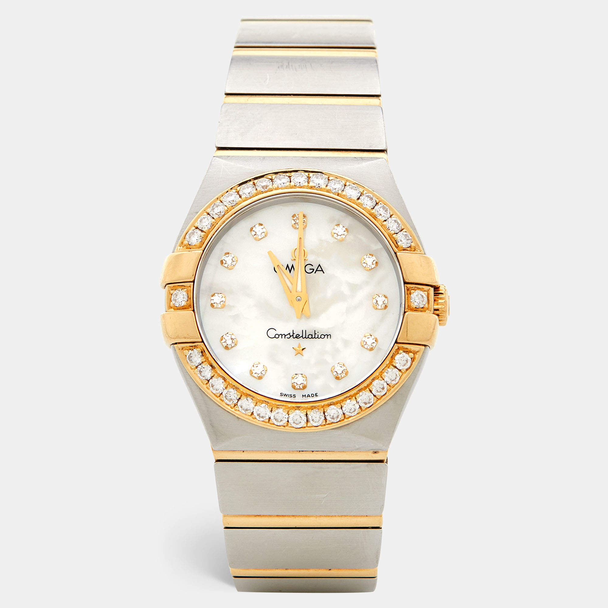 Omega Mother Of Pearl 18K Yellow Gold Stainless Steel Diamond Constellation 123.20.27.60.55.004 Women's Wristwatch 27 mm