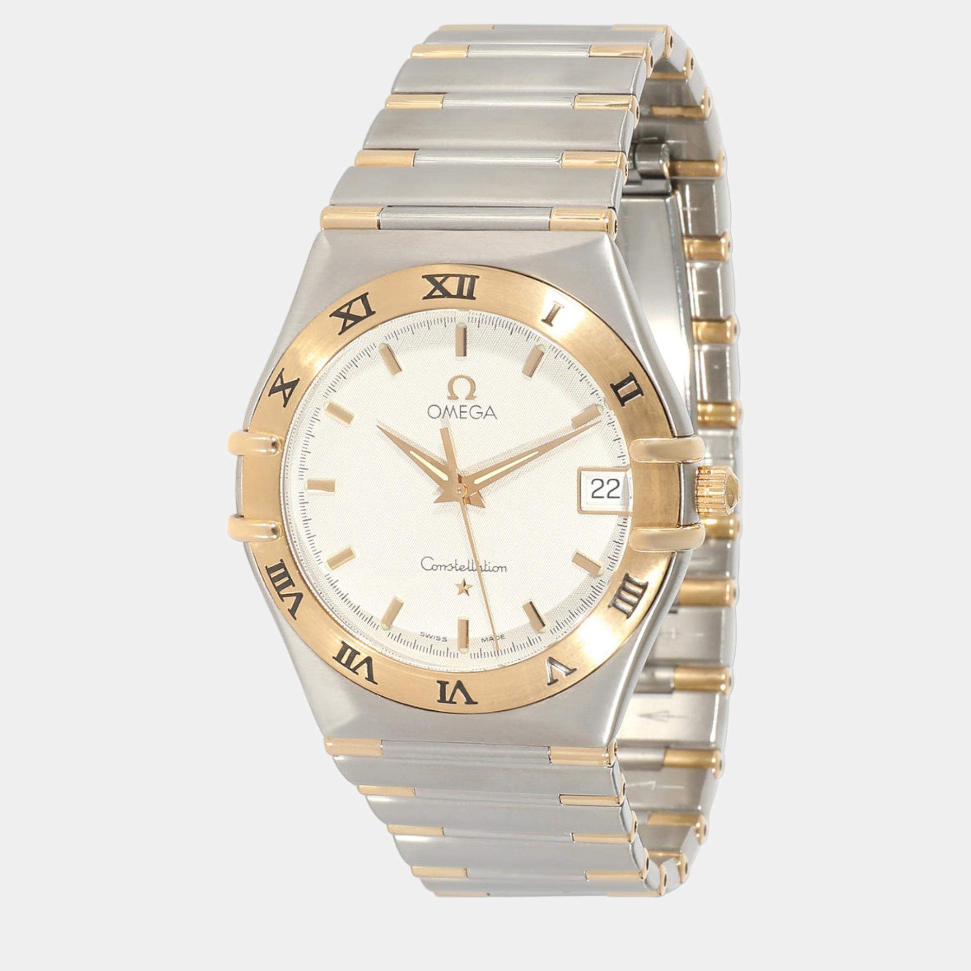 Omega White 18k Yellow Gold And Stainless Steel Constellation 1312.30.00 Quartz Women's Wristwatch 33.5 mm