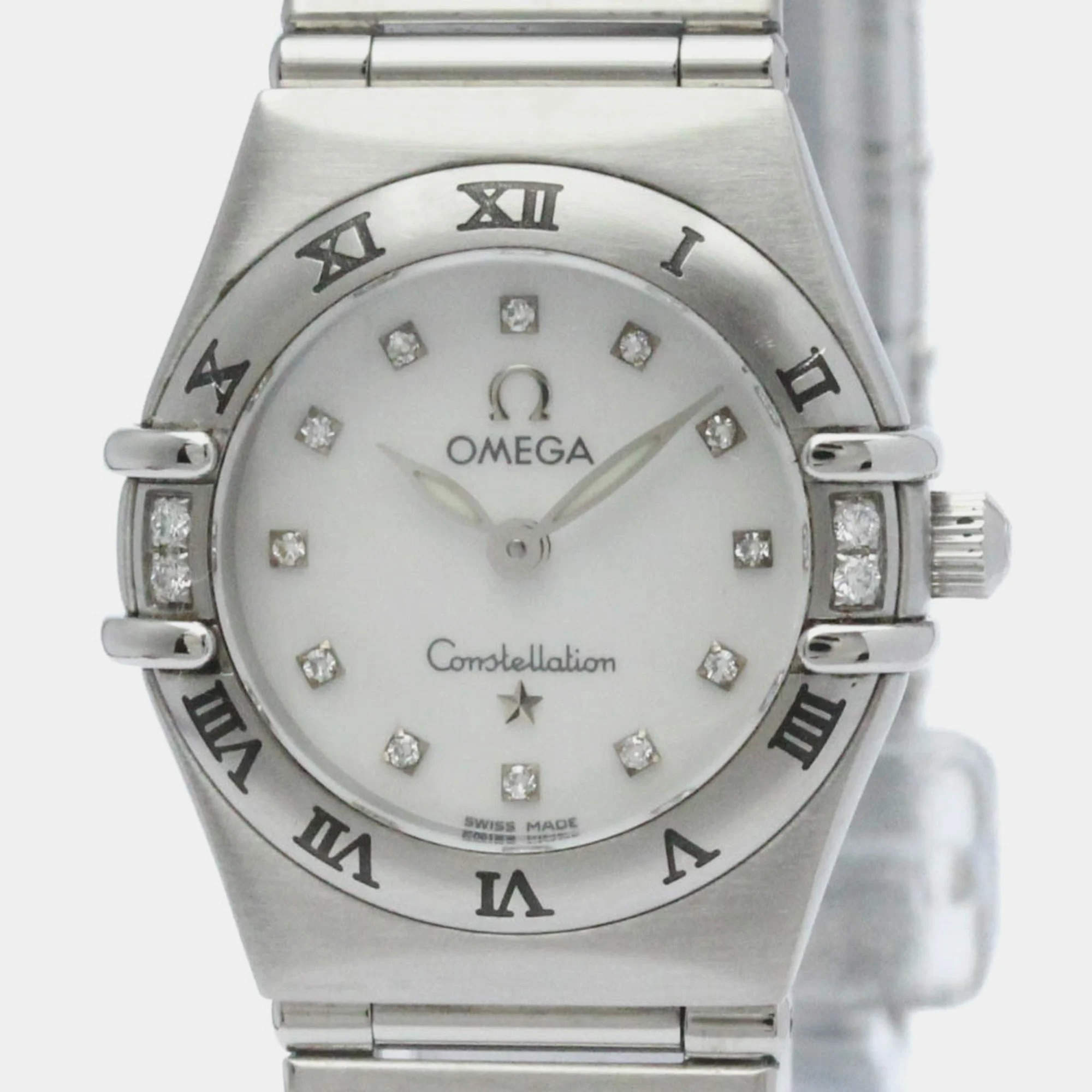 Pre Owned Omega White Shell Diamond Stainless Steel Constellation 1567.75 Quartz Women's Wristwatch 22 mm
