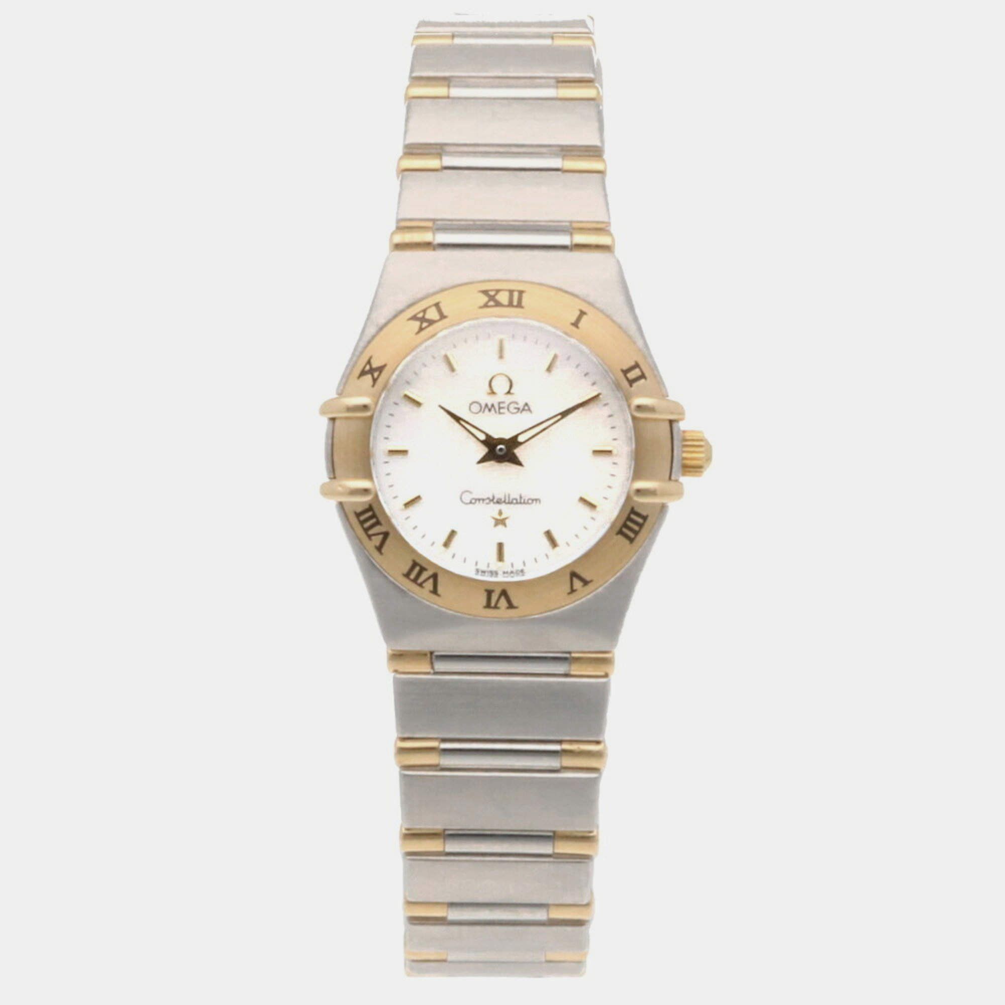 Omega White 18k Yellow Gold Stainless Steel Constellation Quartz Women's Wristwatch 23 mm
