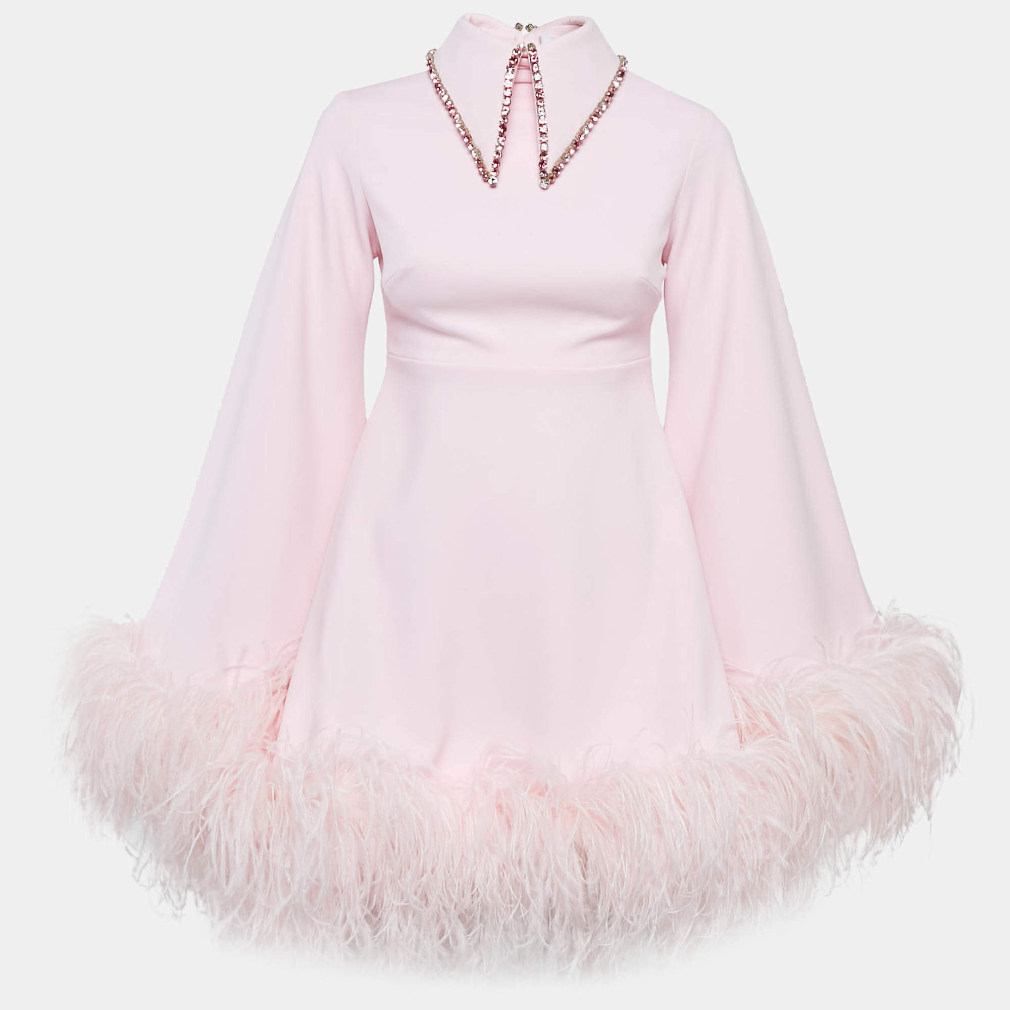 Onori Pink Crepe Faux Feather Detail Mini Dress S