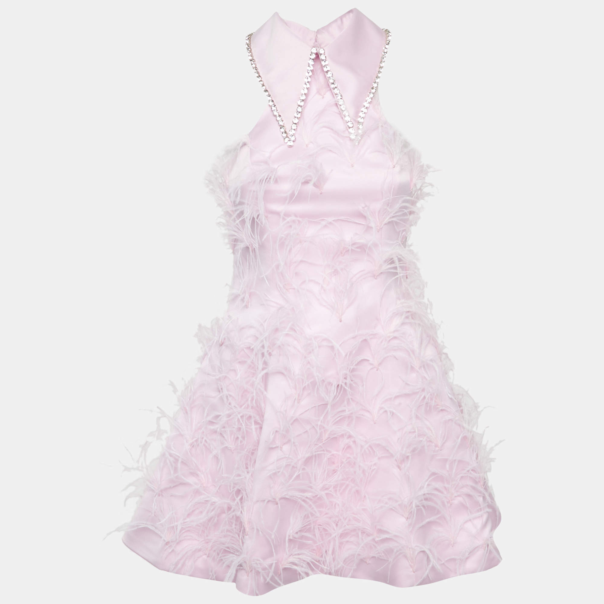 Pre Owned Onori Pink Satin Feather Trim The Grace Mini Dress M