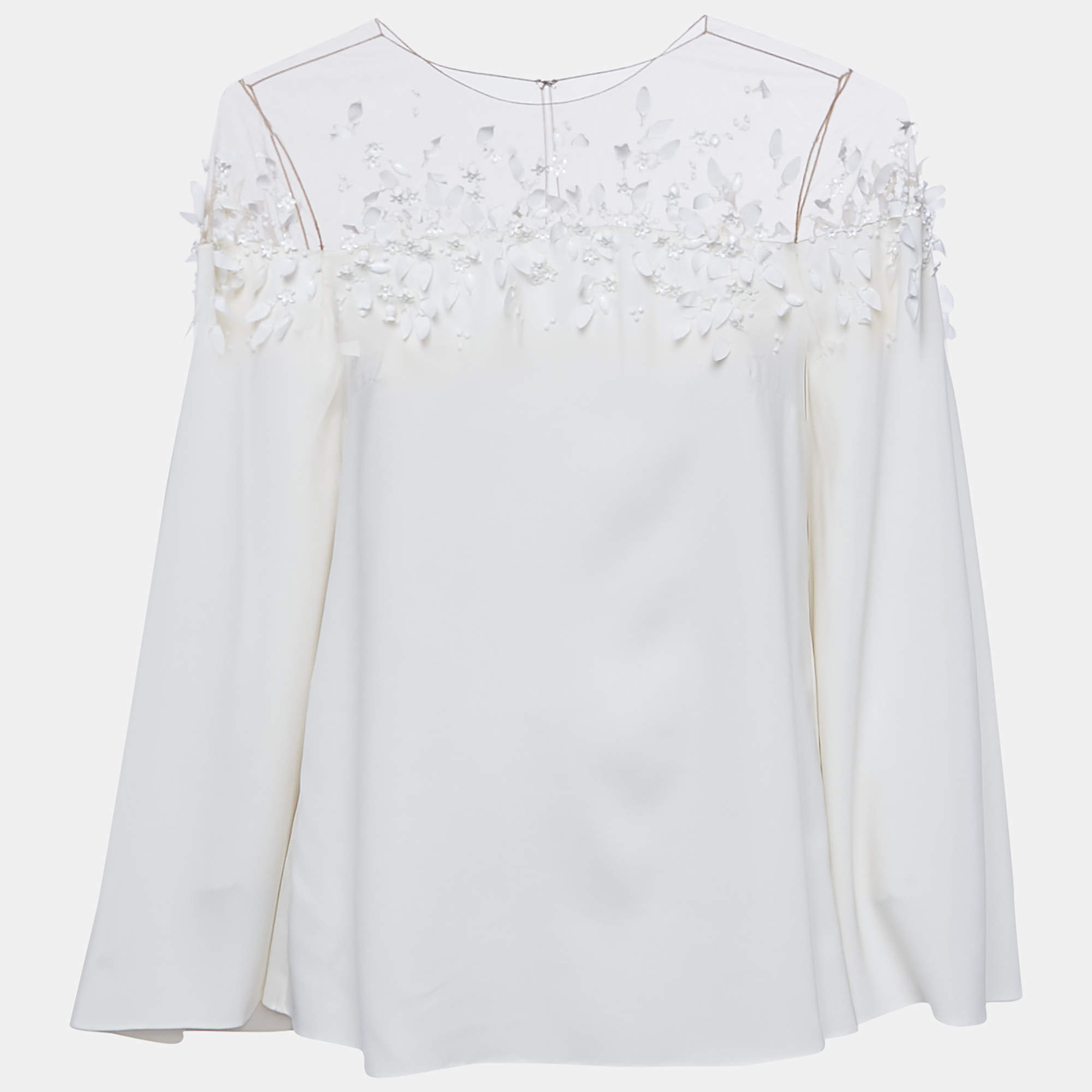 Oscar de la Renta Off-White Embellished Silk Cape Detail Top S
