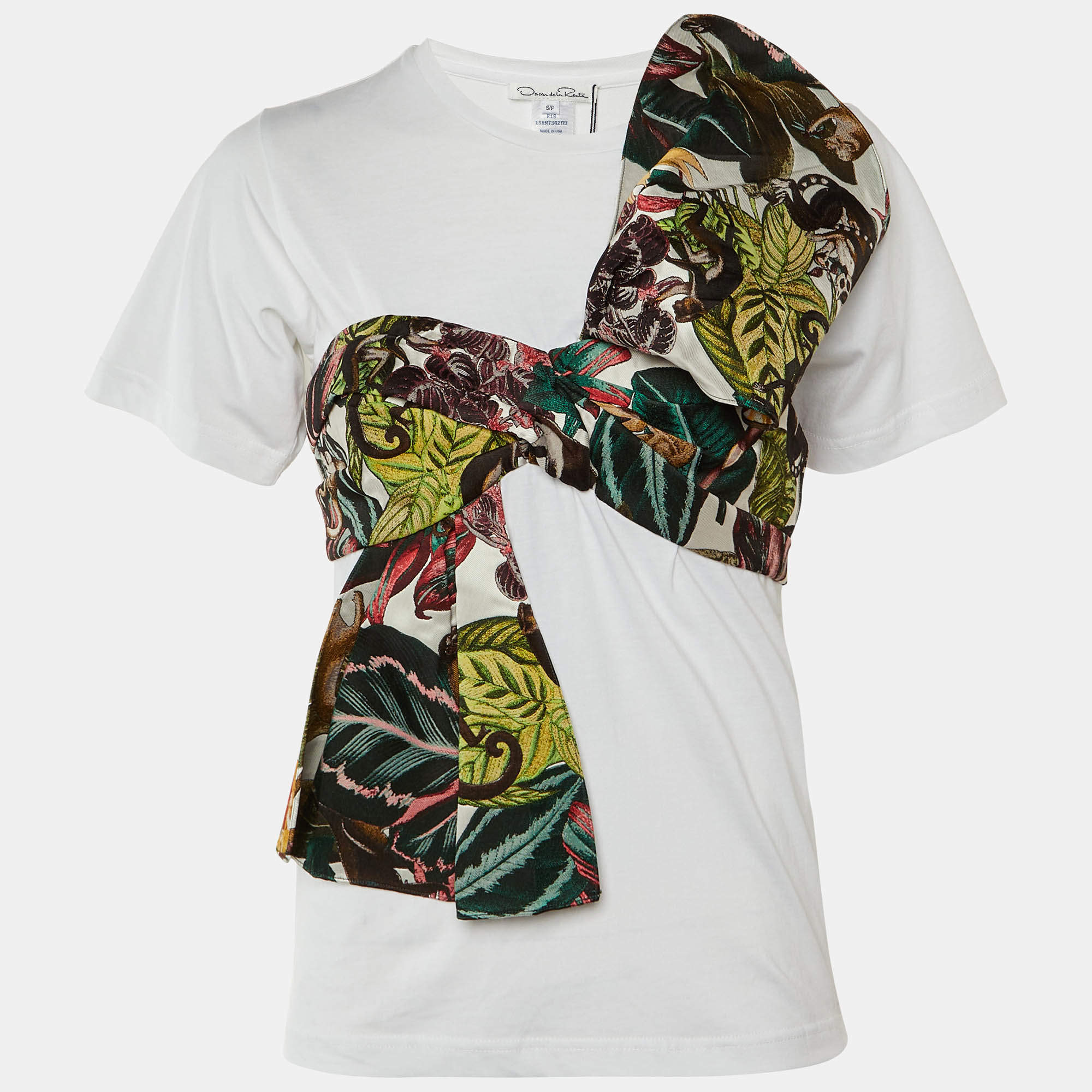 Pre Owned تي شيرت أوسكار دي لا رنتا تفاصيل فيونكة جاكار قطن أبيض مقاس صغير