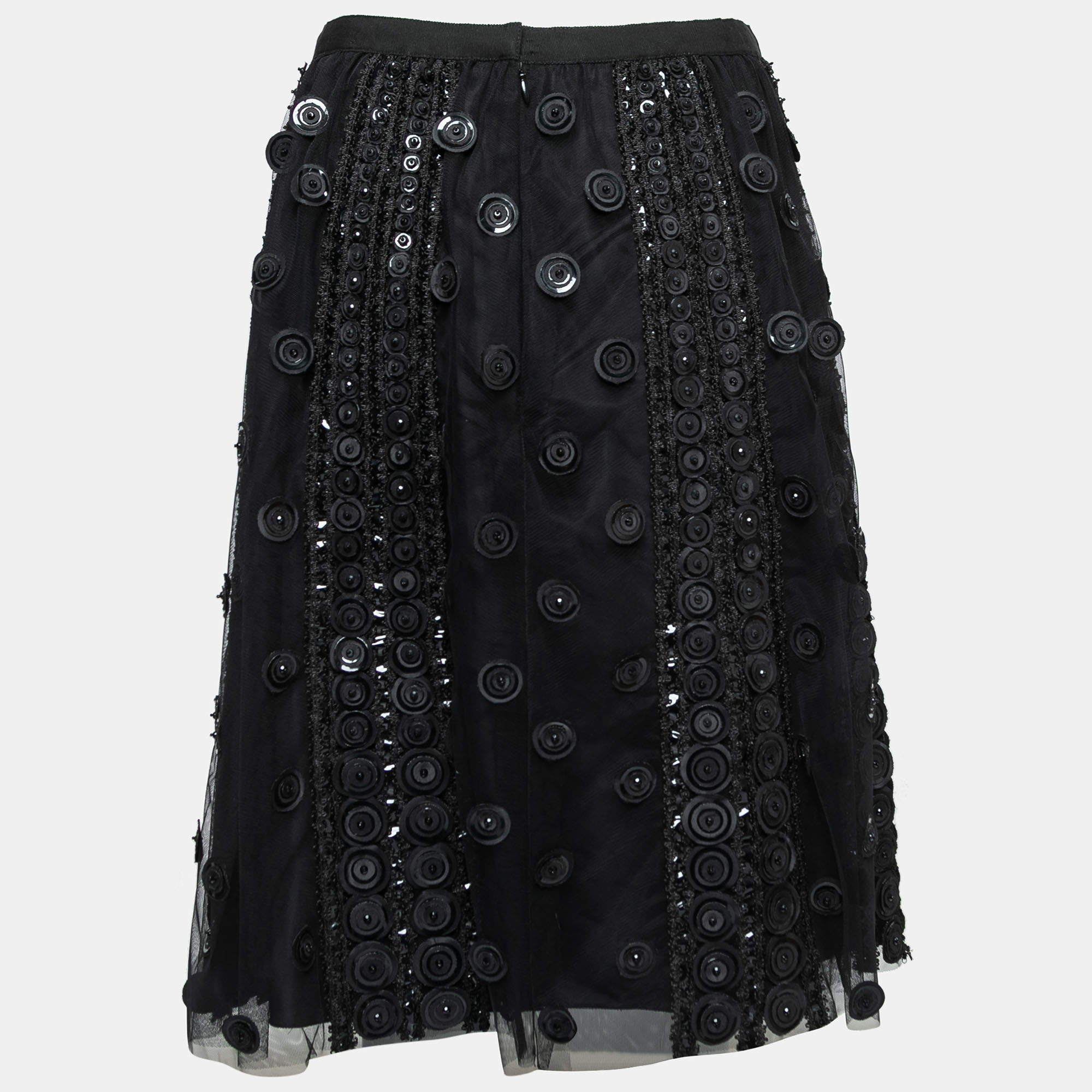 Pre Owned Oscar de la Renta Black Tulle Embroidered Embellished Embellished Skirt M