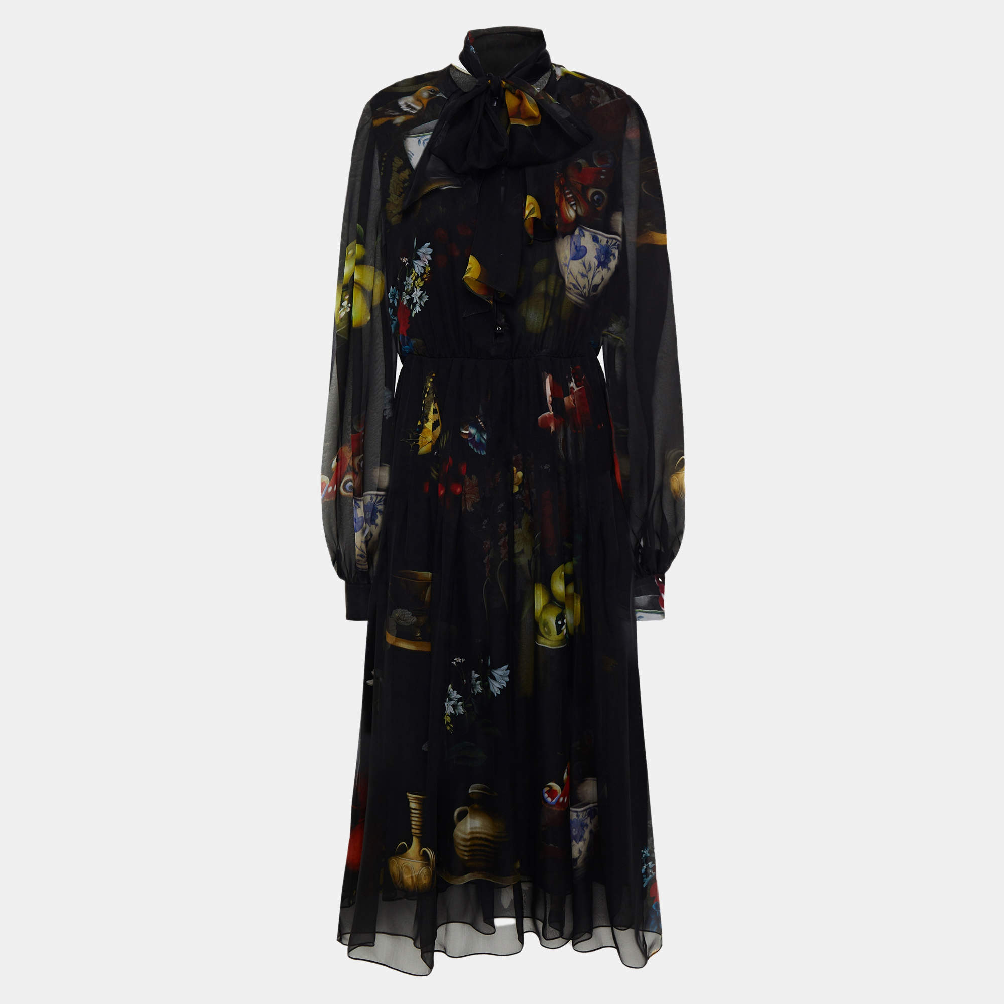 Pre Owned Oscar De La Renta Black Printed Silk Midi Dress XL (US 12)