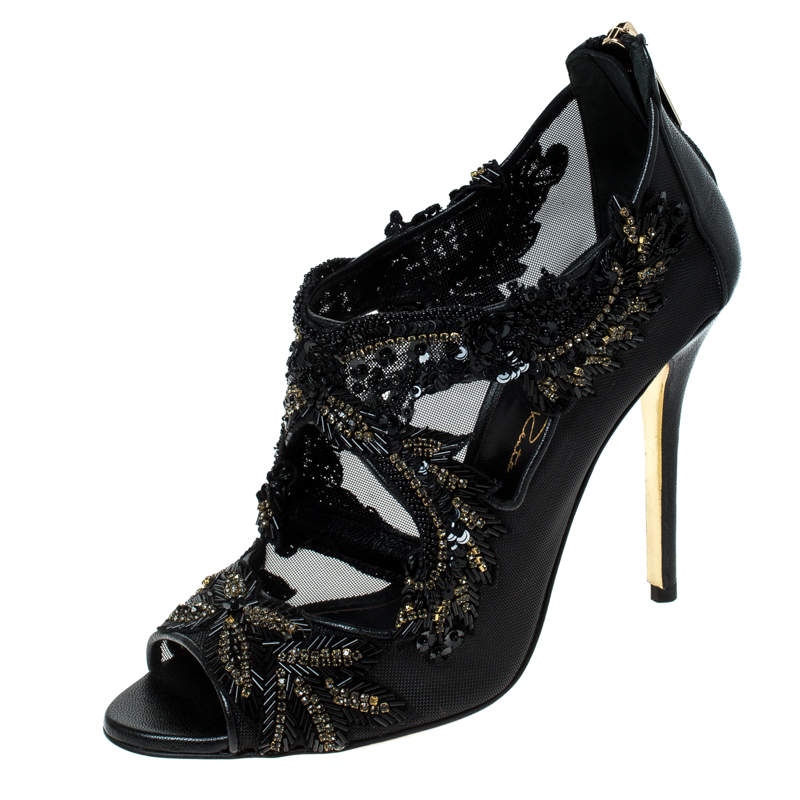 Oscar de la Renta Black Mesh And Leather Ambria Embellished Cut Out Sandals Size 36.5