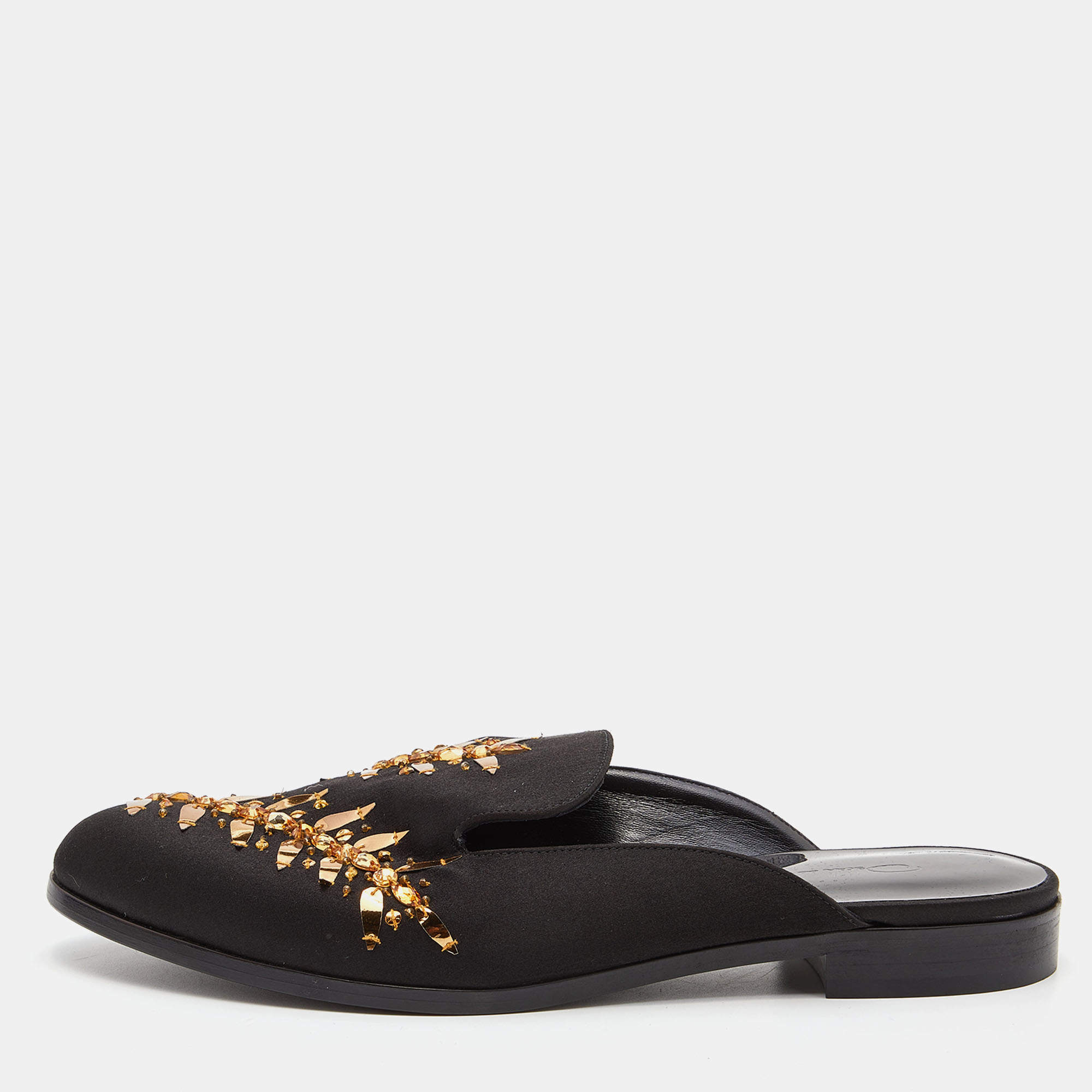 Pre Owned Oscar de la Renta Black Satin Embellished Flat Mules Size 39