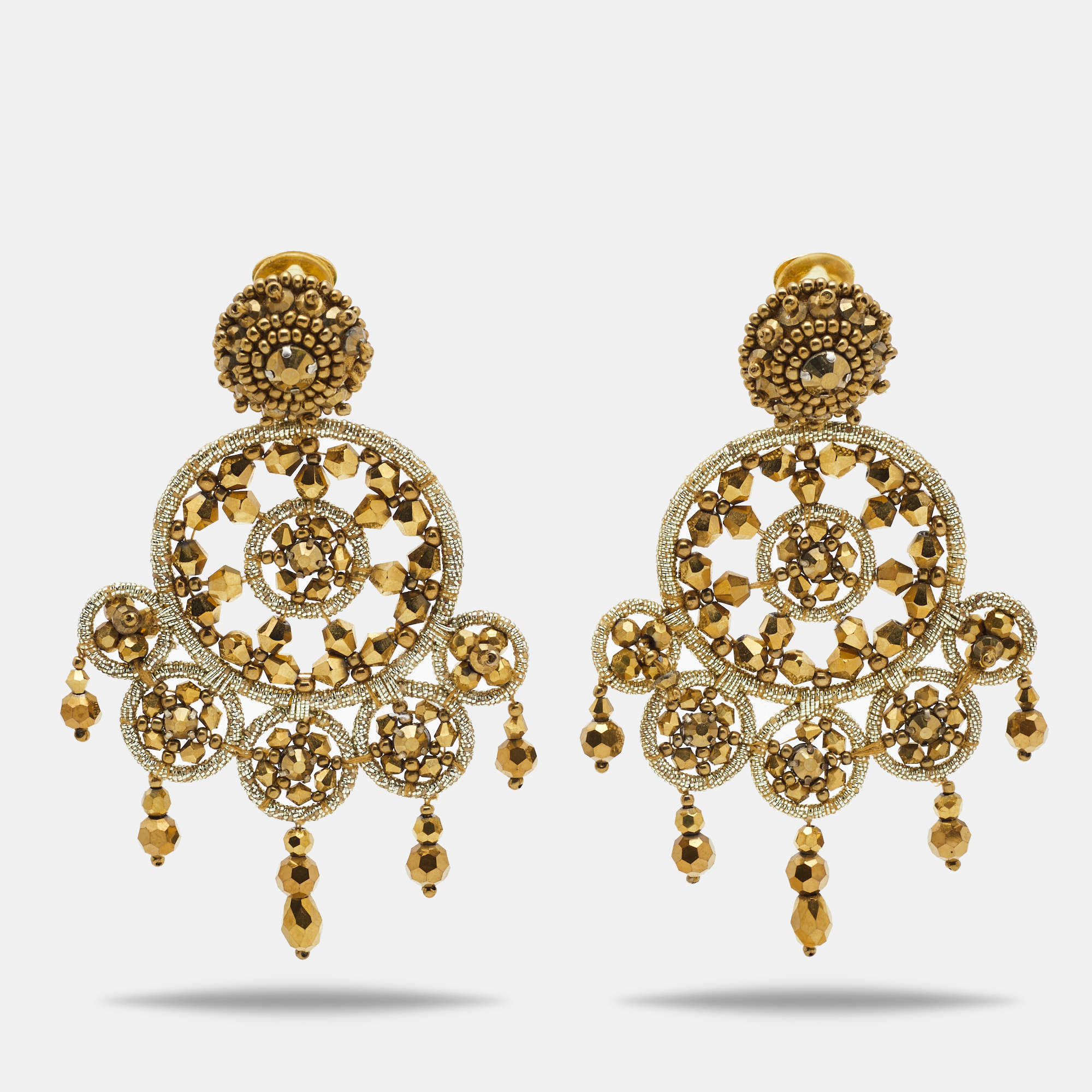 Pre Owned Oscar de la Renta Crystal Beads Gold Tone Earrings