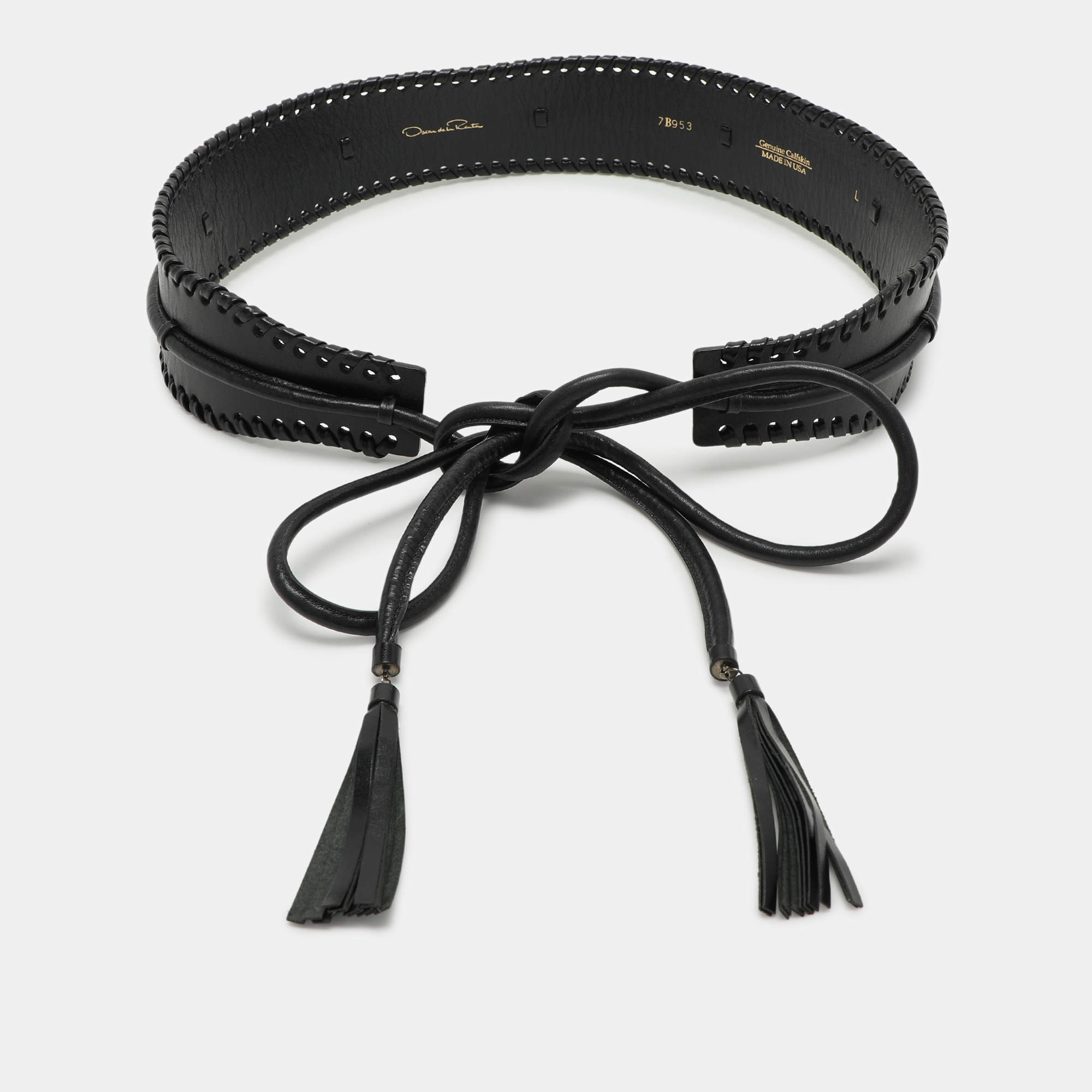 مملوكة مسبقًا Oscar de la Renta Black Leather Whipstitch Detail Wrap Around Waist Belt 86CM