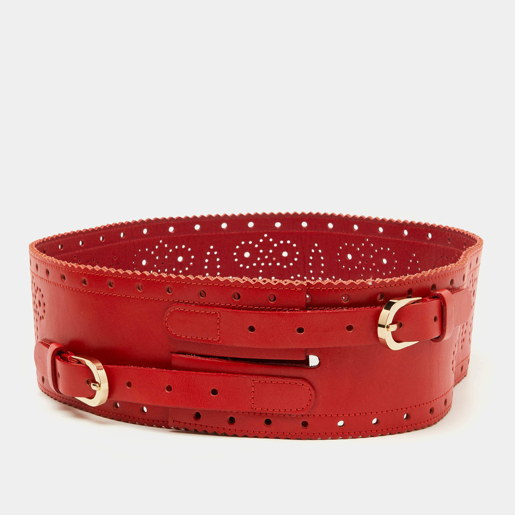 Oscar de la Renta Red Perforated Leather Waist Belt M