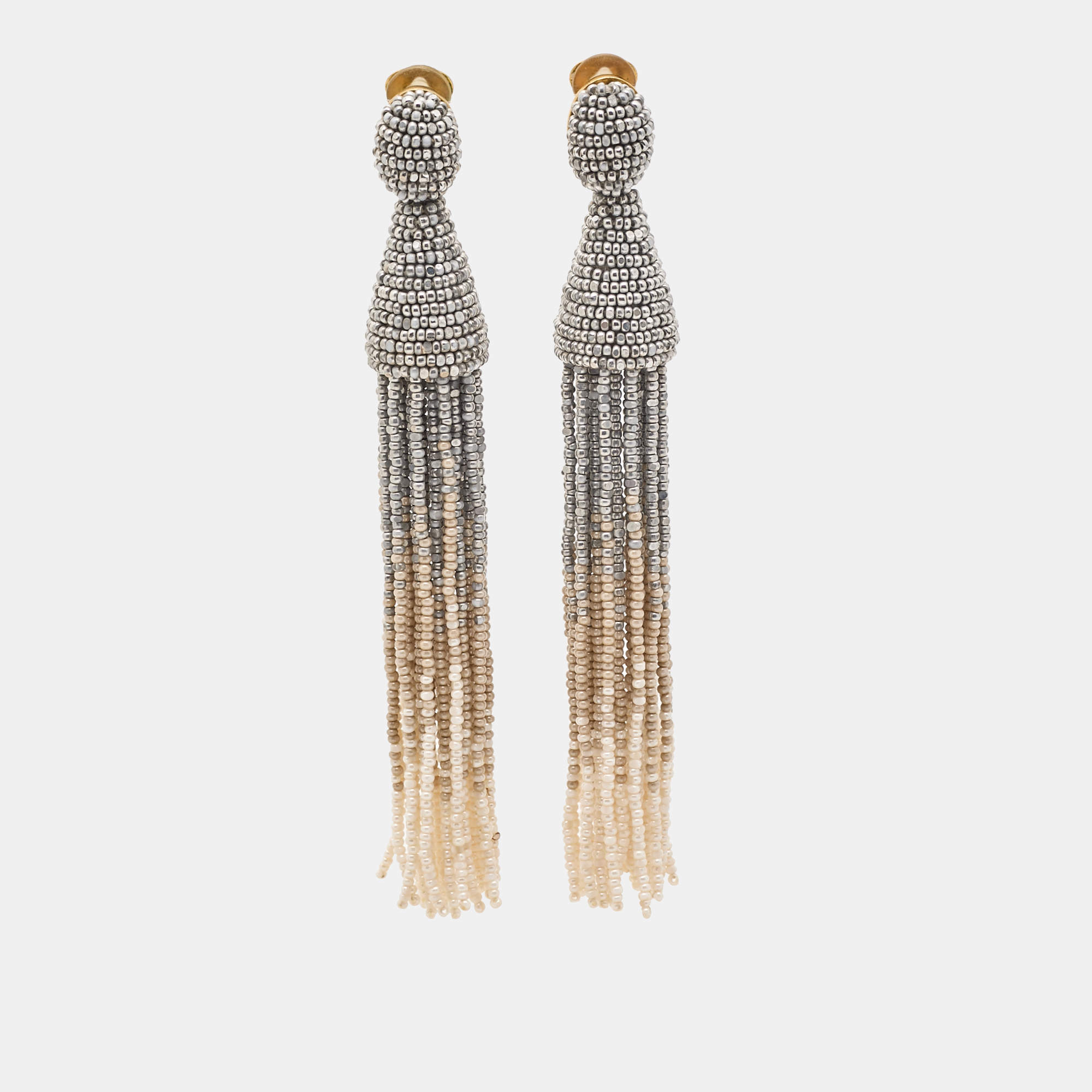 Pre Owned Oscar de la Renta Multicolor Beaded Gold Tone Tassel Clip on Earrings