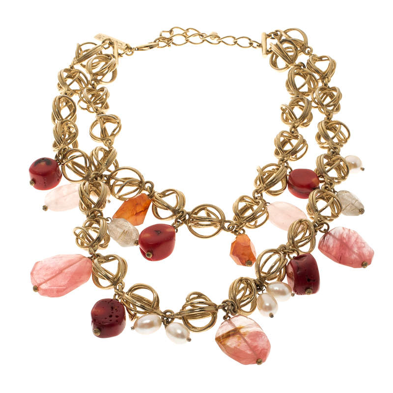 Oscar de la Renta Multi Stone Faux Pearl Gold Tone Two Strand Necklace
