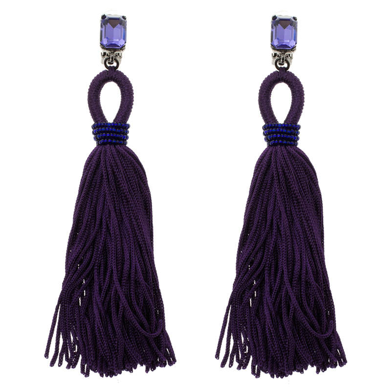Oscar de la Renta Purple Crystal Long Tassel Clip-on Earrings