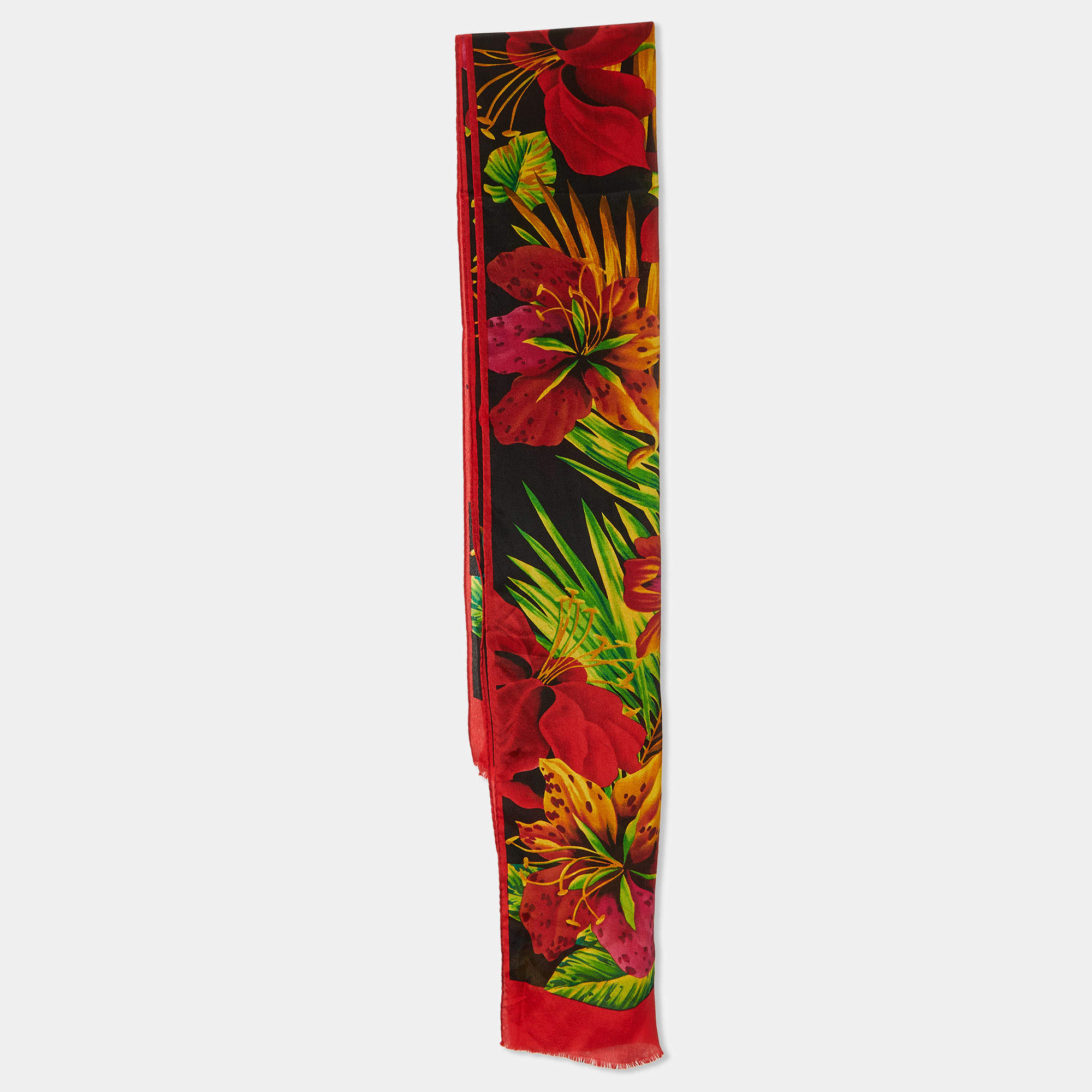 Pre Owned Oscar de la Renta Red Floral Print Silk Stole