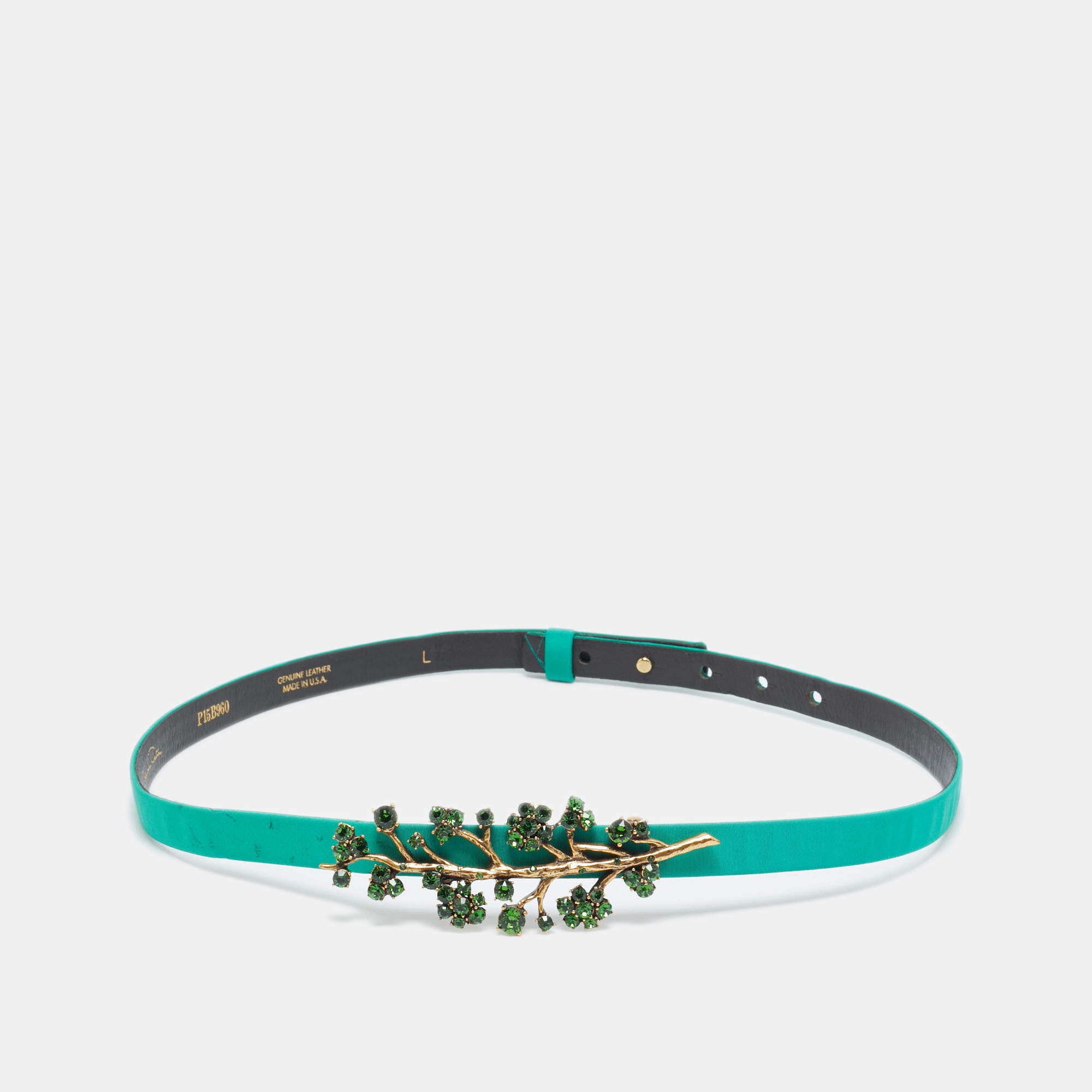 Pre Owned Oscar de la Renta Green Satin Crystal Embellished Slim Belt M