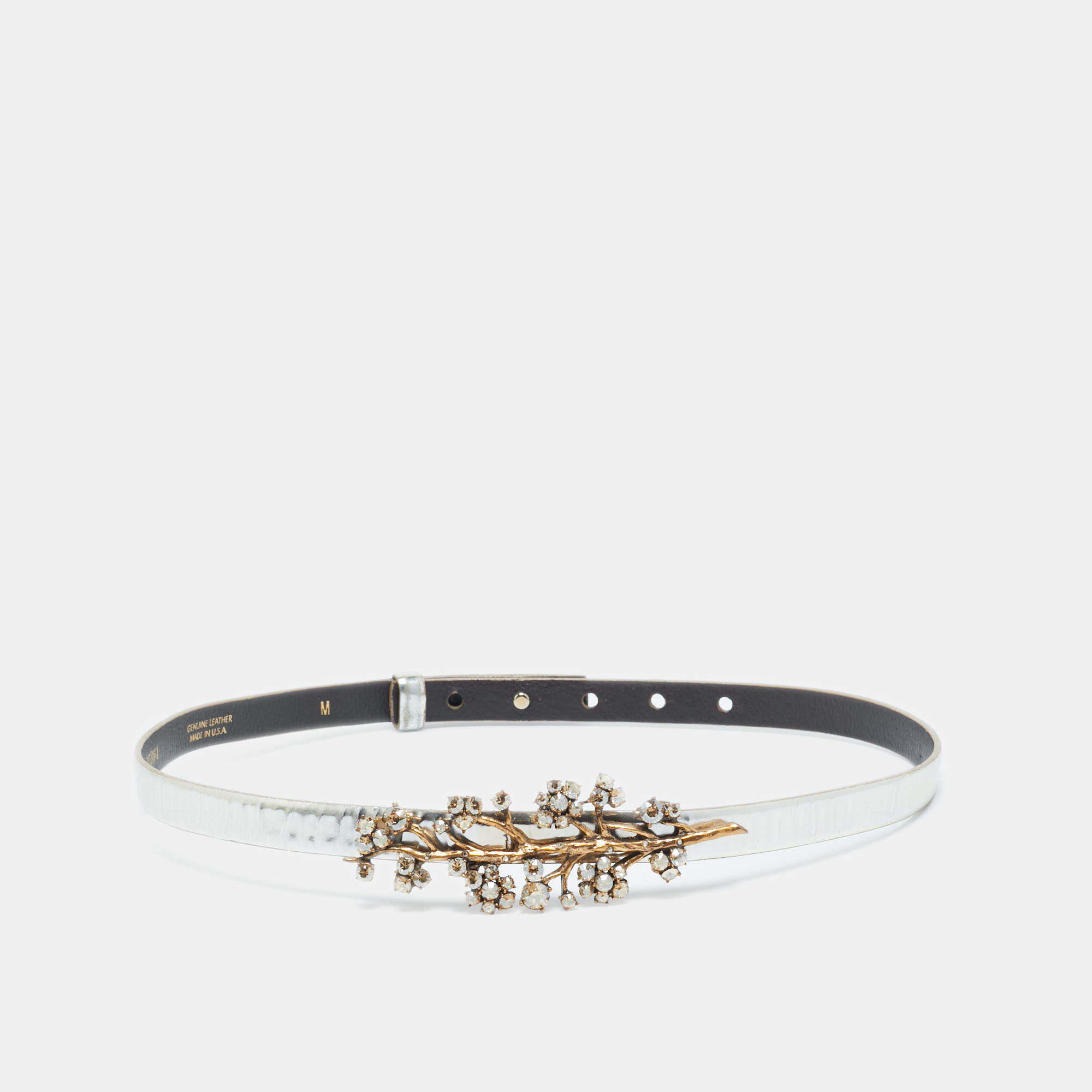 Pre Owned Oscar de la Renta Silver Patent Leather Crystal Embellished Belt M