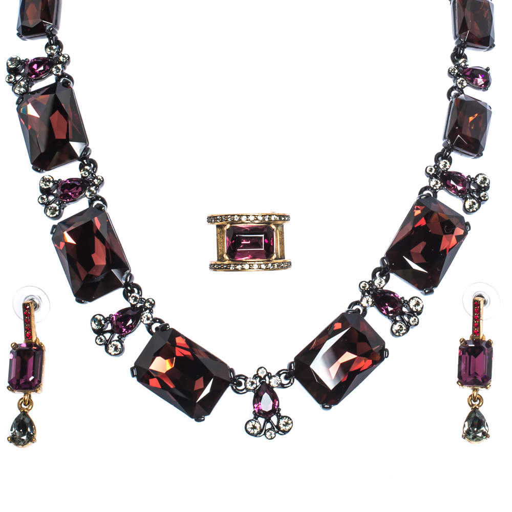 Pre Owned طقم قلادة وأقراط أوسكار دي لا رنتا مرصع بالكريستا