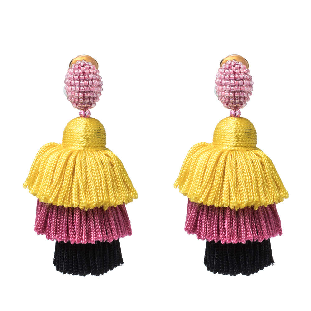 Pre Owned Oscar de la Renta Multicolor Silk Tiered Tassel Clip-On Earrings