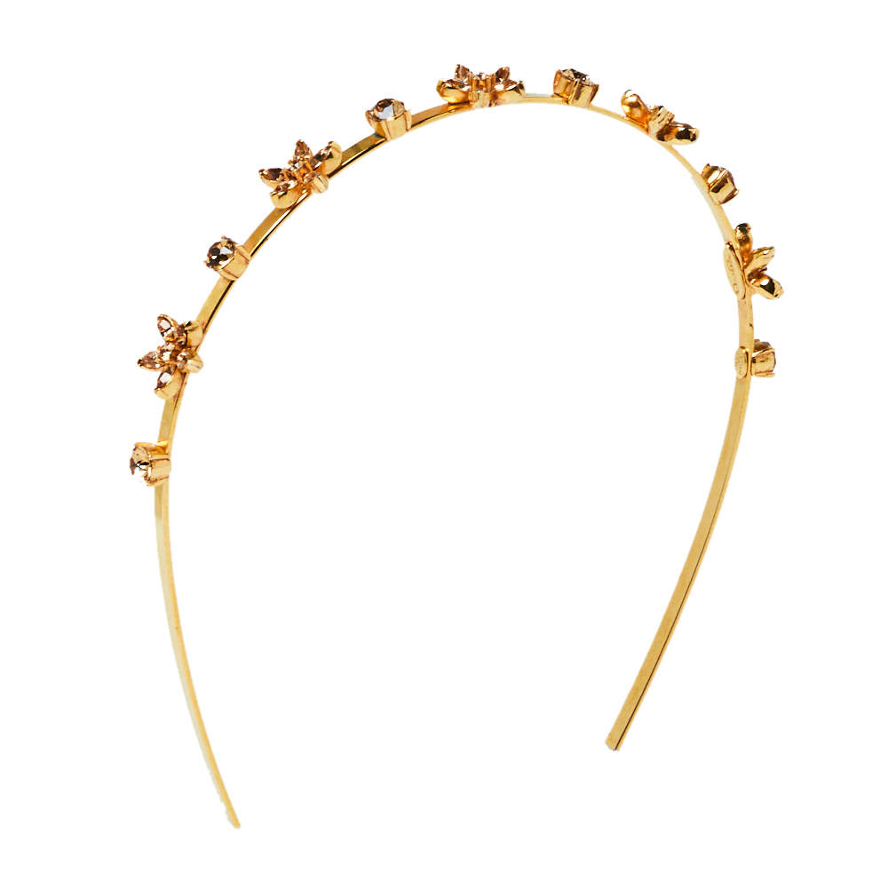 Pre Owned Oscar de la Renta Flower Crystal Gold Tone Hair Band