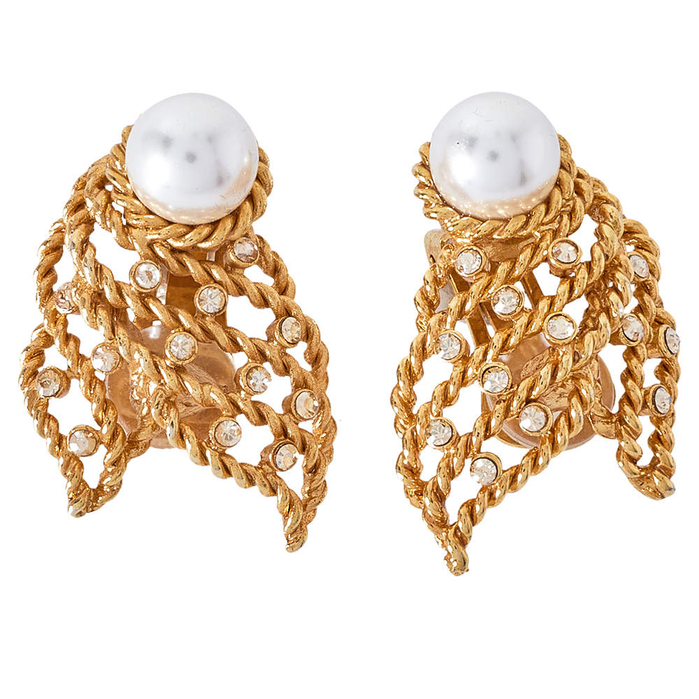 Pre Owned Oscar de la Renta Twisted Gold Tone Pearl & Crystal Clip On Earrings