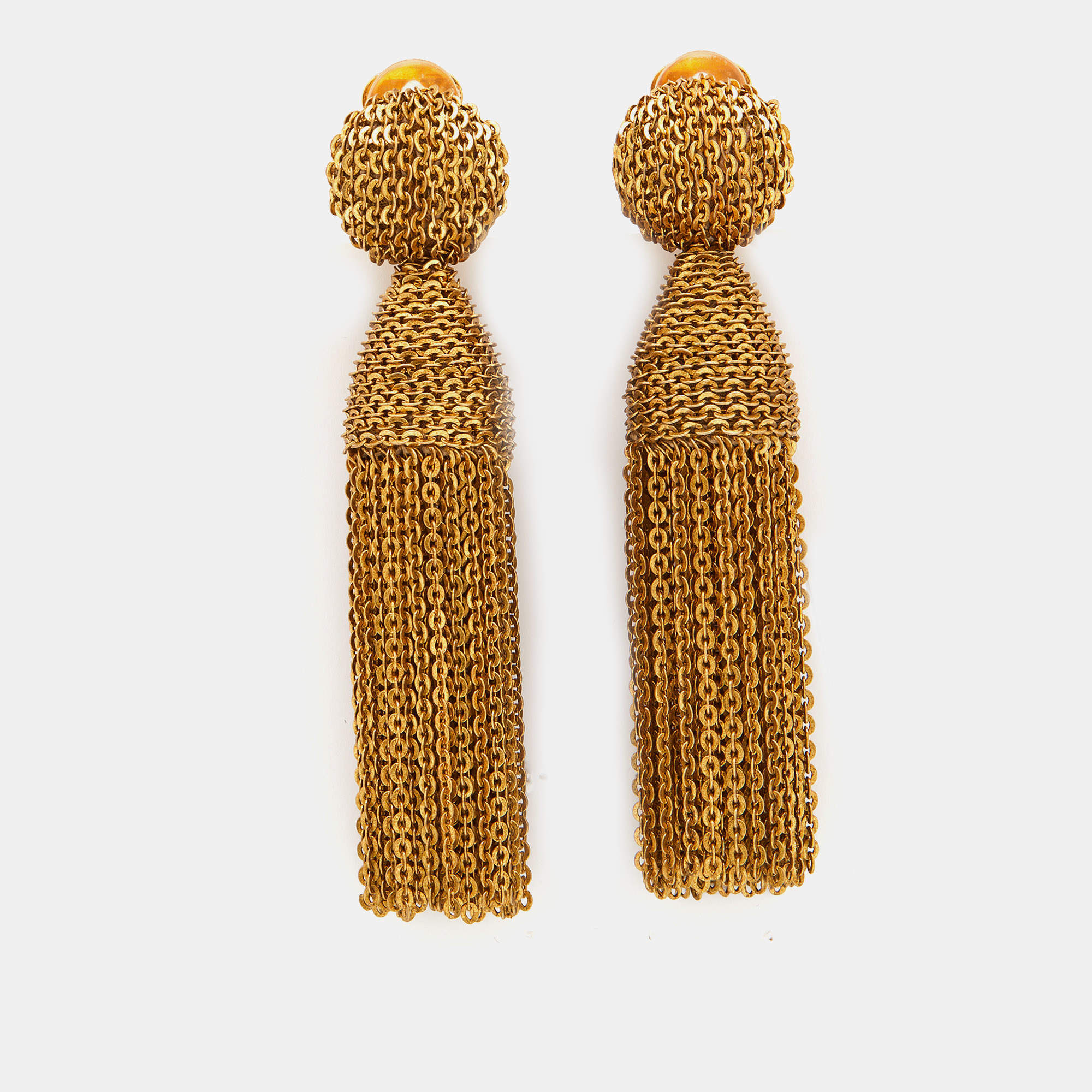 Pre Owned Oscar de la Renta Gold Tone Sequin Tassel Clip On Earrings