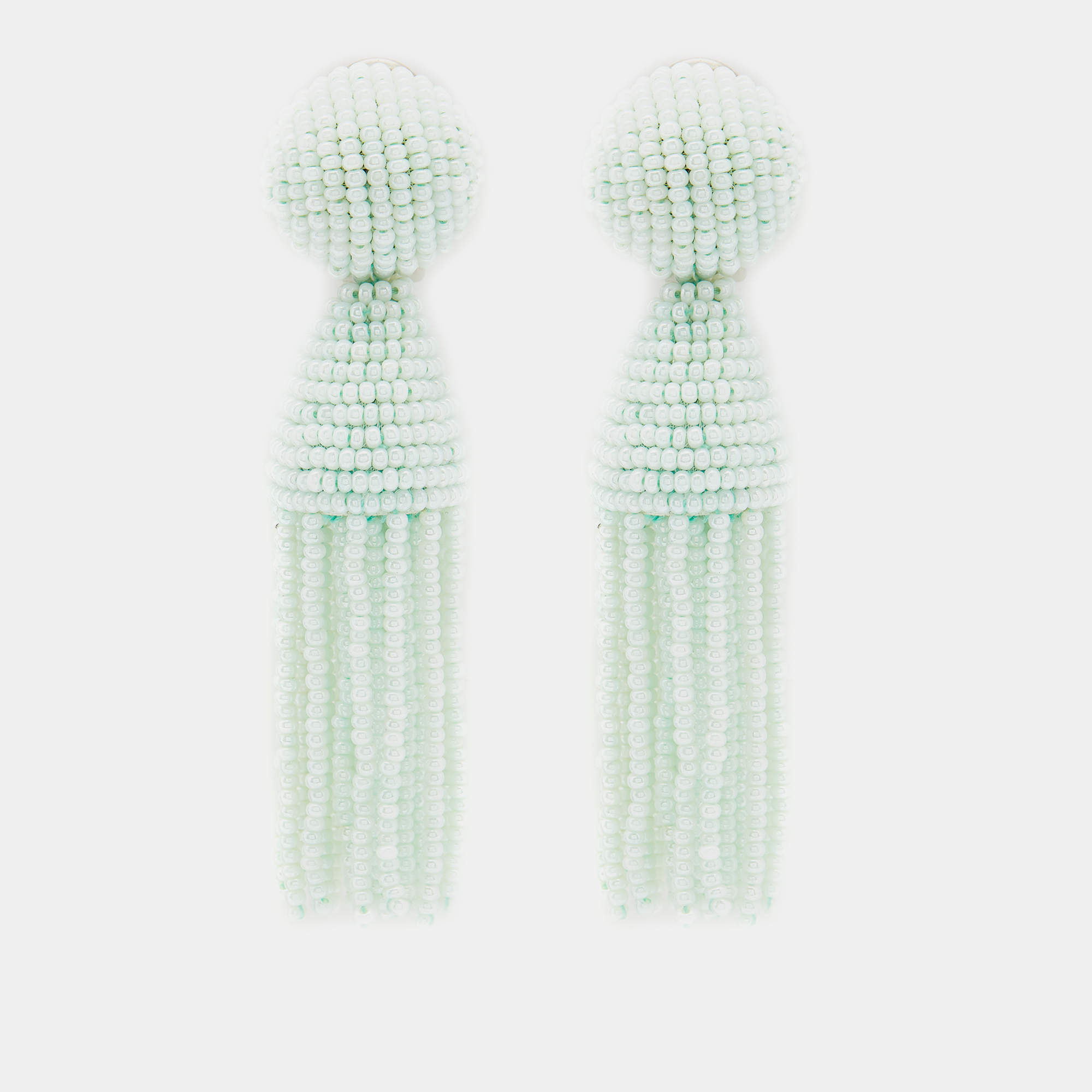 Pre Owned Oscar de la Renta Pale Green Beaded Tassel Clip-On Earrings