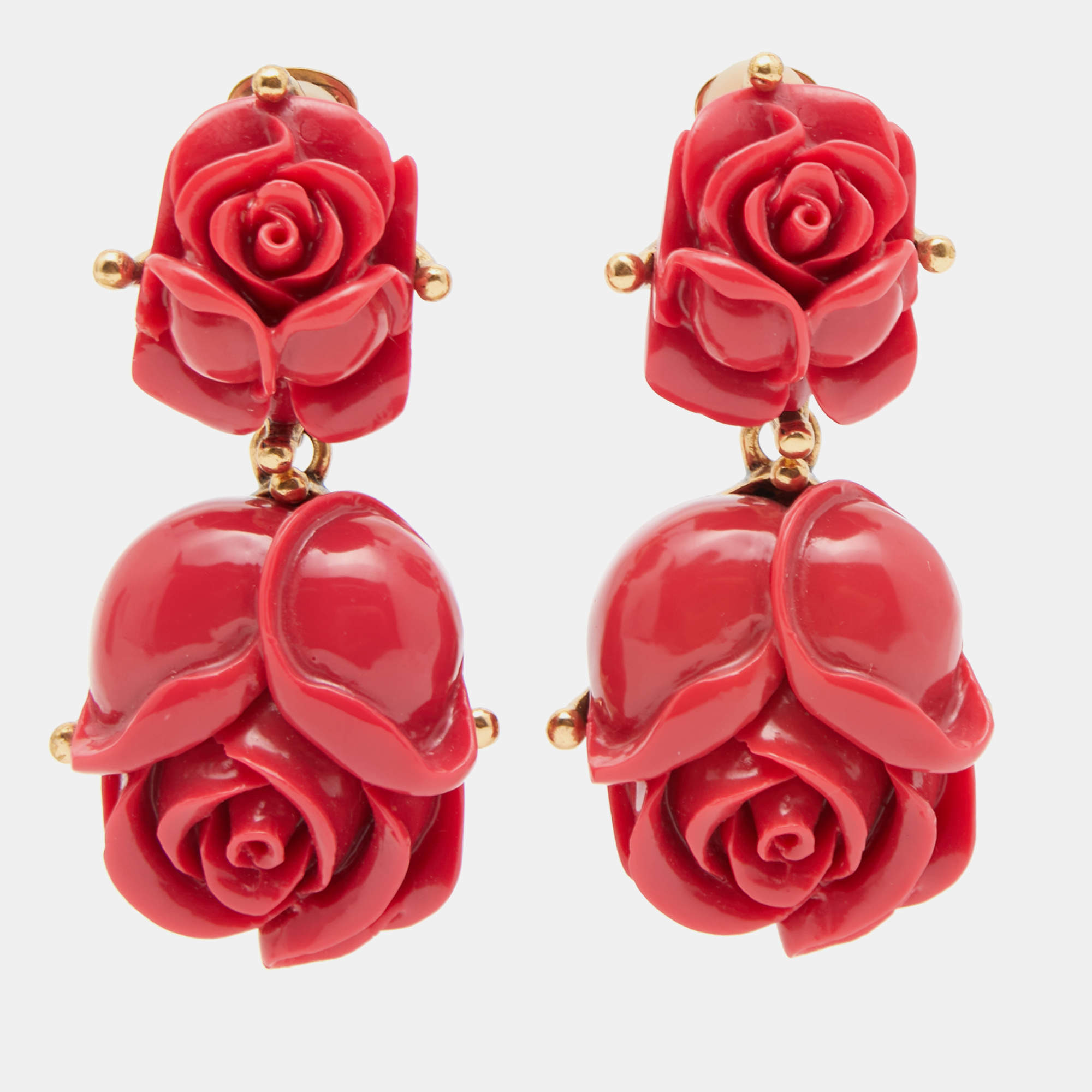 Pre Owned Oscar de la Renta Flower Resin Gold Tone Earrings