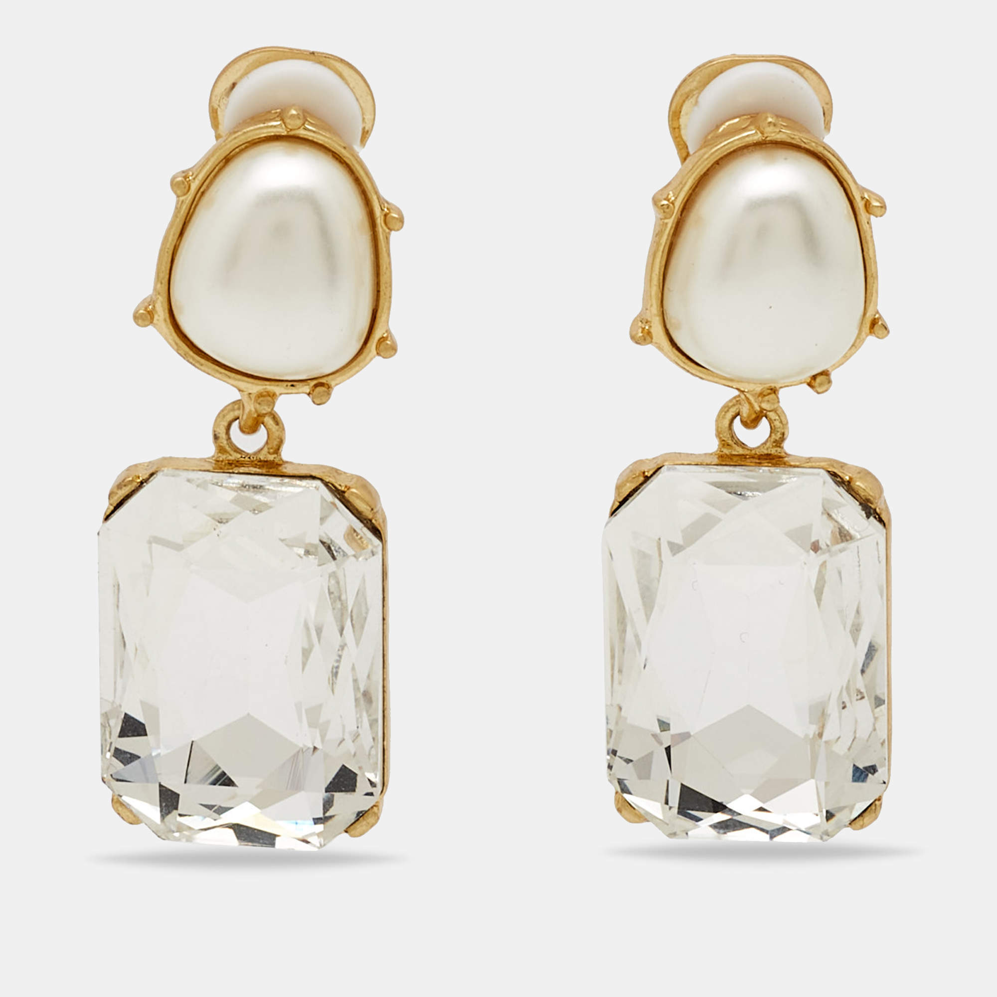 Pre Owned Oscar de la Renta  Crystal Faux Pearl Gold Tone Earrings