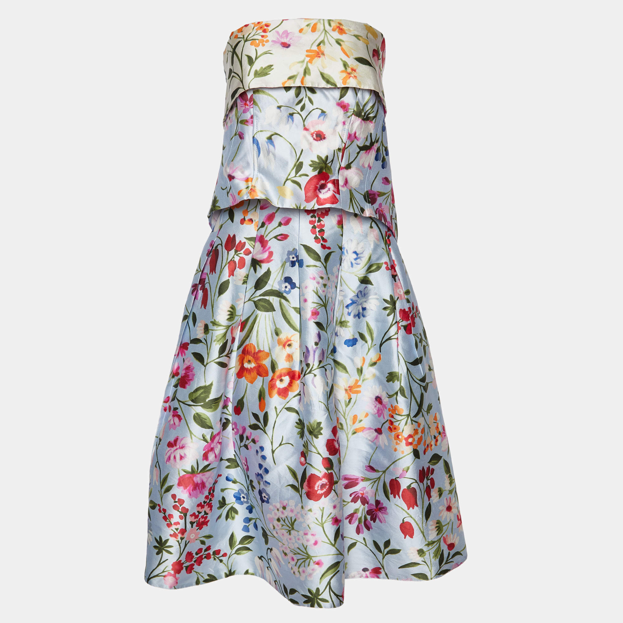 Pre Owned Oscar de la Renta Blue Floral Print Silk Blend Tube Top & Midi Skirt Set M