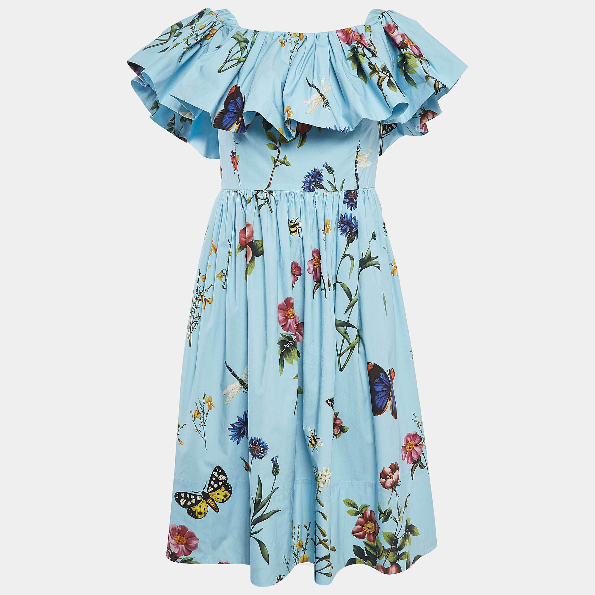 Pre Owned Oscar de la Renta Blue Floral Print Cotton Off-Shoulder Midi Dress M