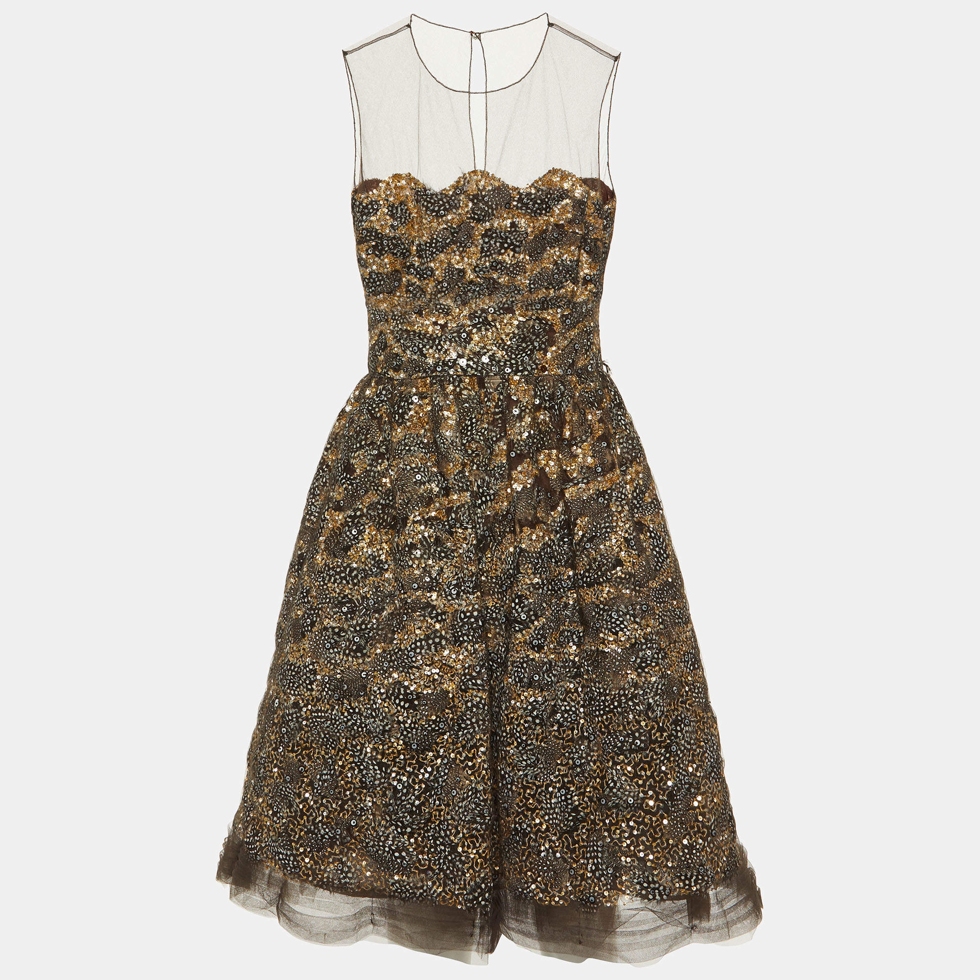 Pre Owned Oscar de la Renta Brown Sequin & Feather Embedded Tulle Mini Dress M
