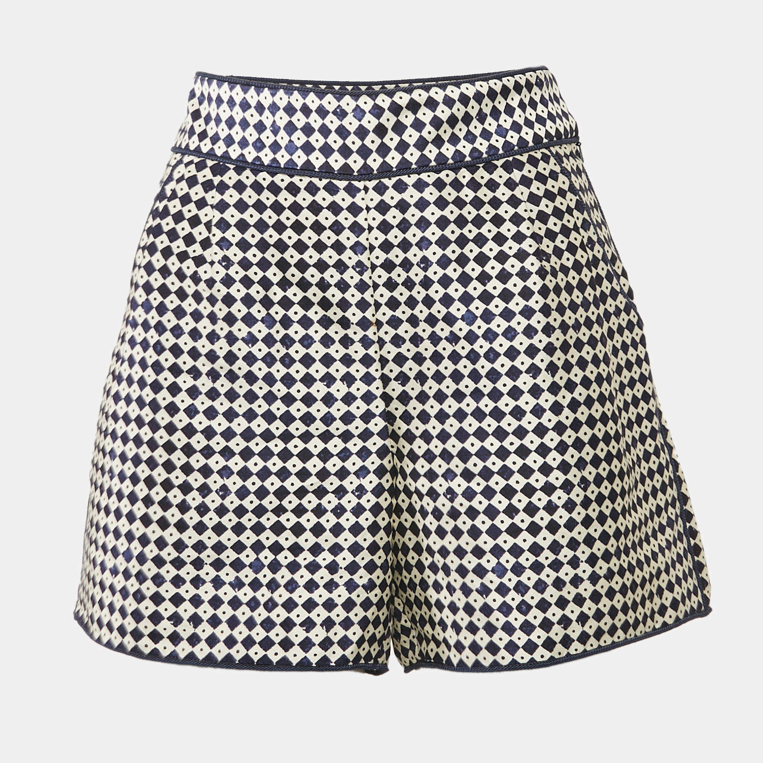 Pre Owned Oscar de la Renta Navy Blue/White Checked Silk Gabardine Shorts XS
